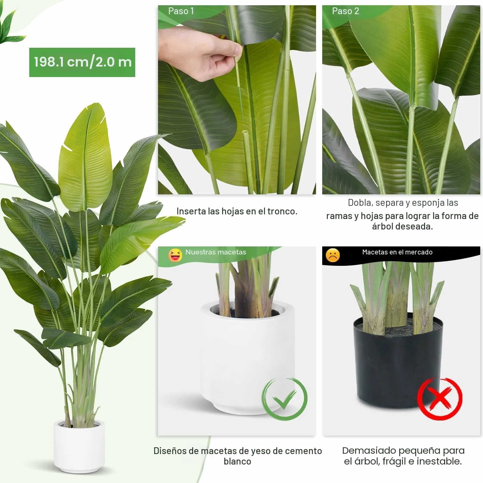 Planta Artificial Ave del Paraíso 200cm Plantas Artificiales Decorativas con 15 Hojas de Plátano,Planta Artificial Grande Interior con Maceta Blanca para Decoracion Hogar Salon Casa Room Decor