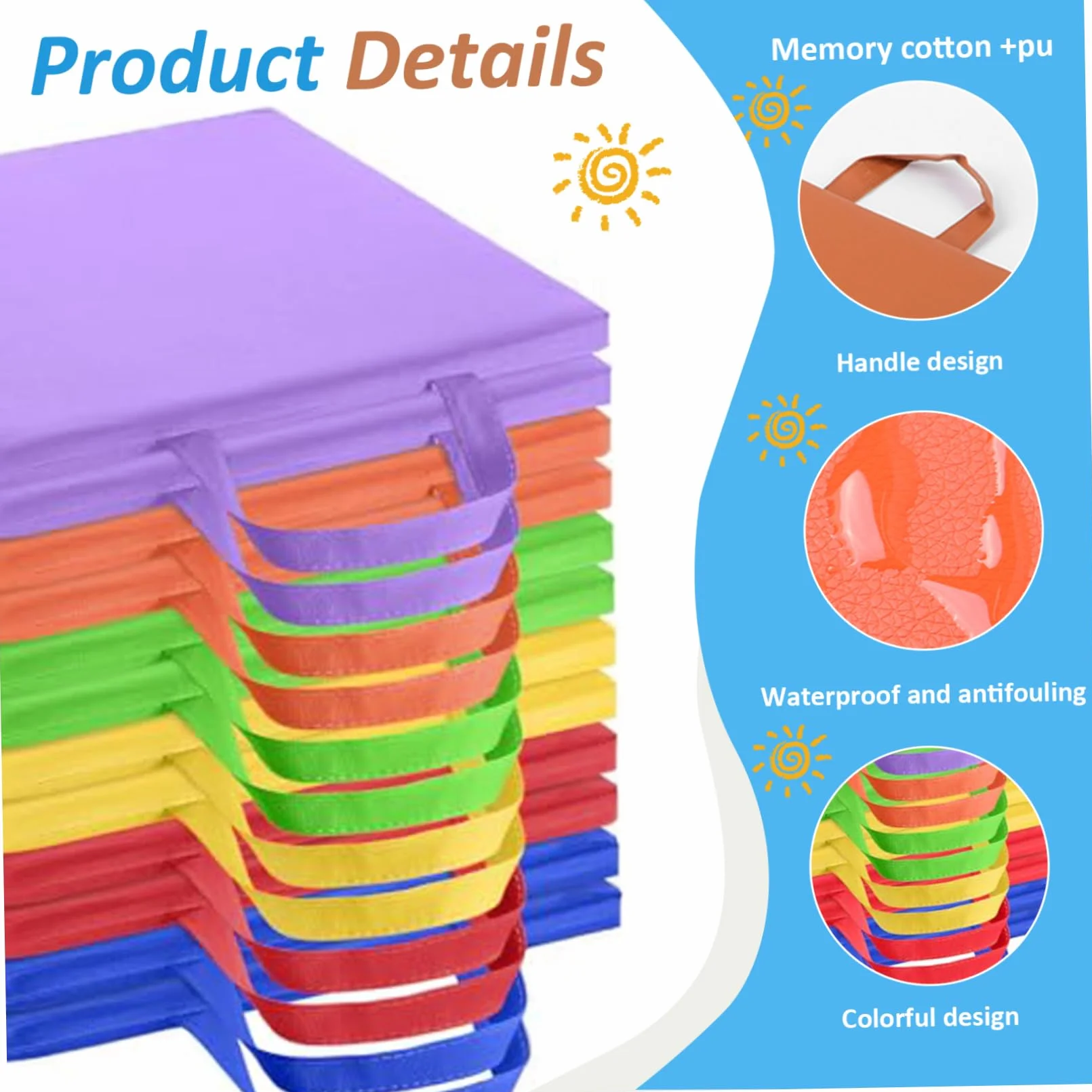 Cojines de piso impermeables 12 pulgadas 12 piezas 6 colores con manija asientos flexibles para aula niños