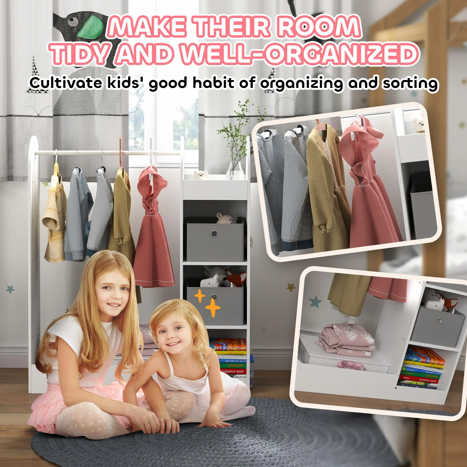 AIYAPLAY Perchero de ropa para niños con estante de almacenamiento, cajas y espejo, armario blanco