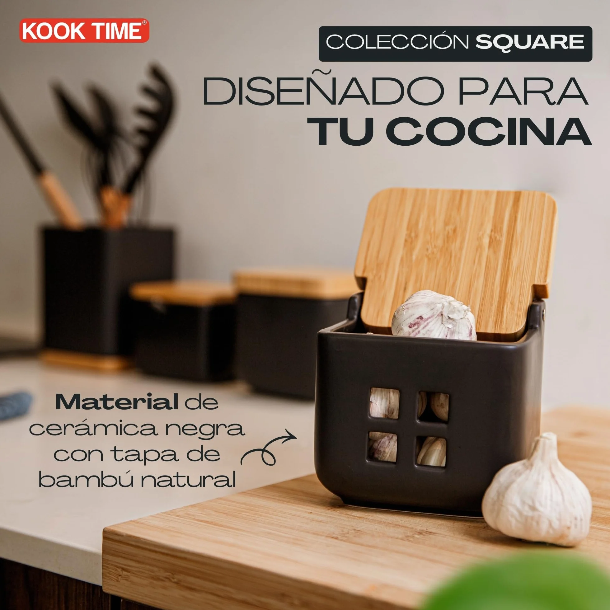 Salero de cocina con tapa de madera de bambú basculante negro cerámica mate 11.5 x 11.5 x 11.5 cm