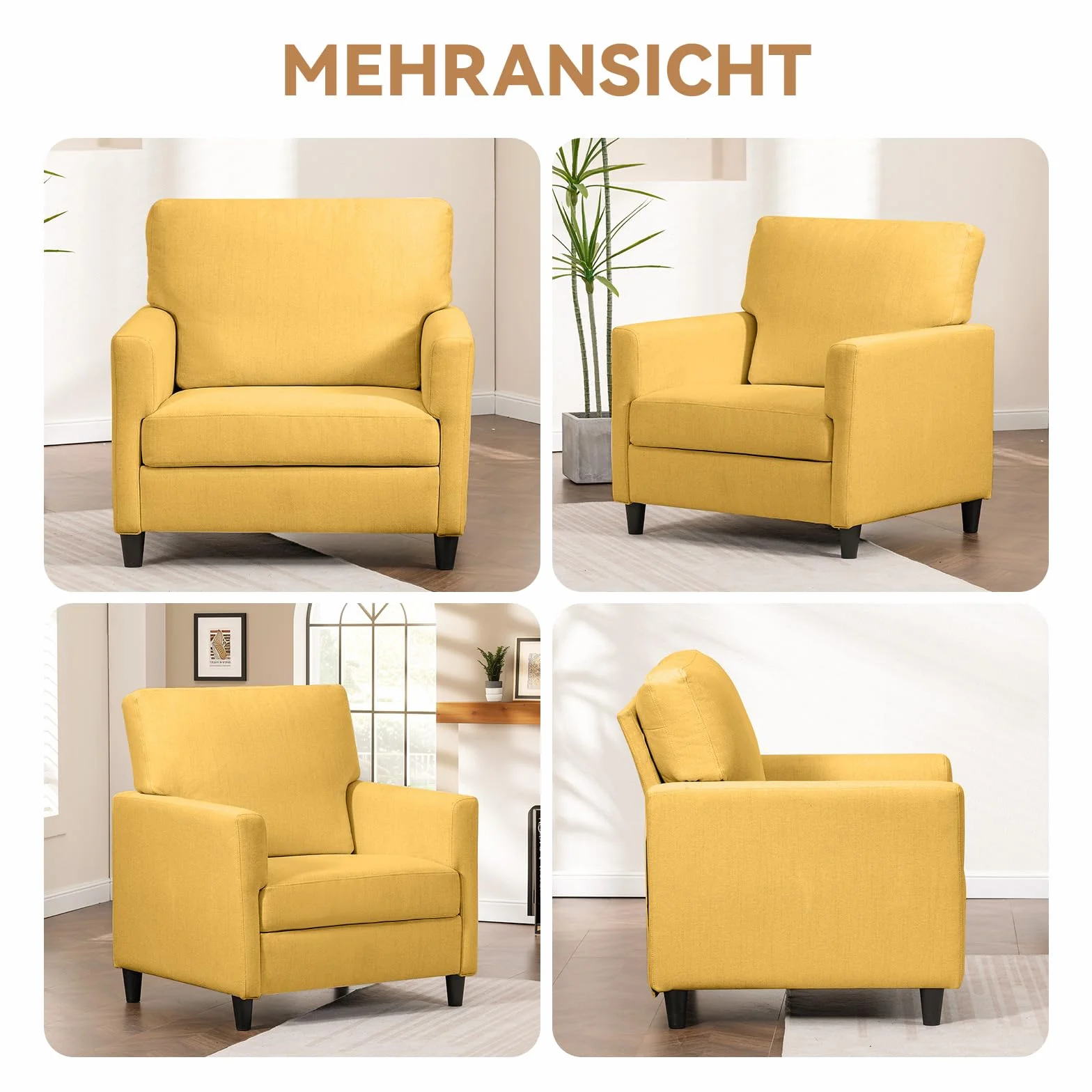 COMHOMA Sillón Salón, Sillón Relax, Silla Larga, con Apoyabrazos y Espalda Gruesa, Asiento Acolchado, Bolsa de Resortes Individual, Salón, Dormitorio, Cine en casa, Lino, Amarillo