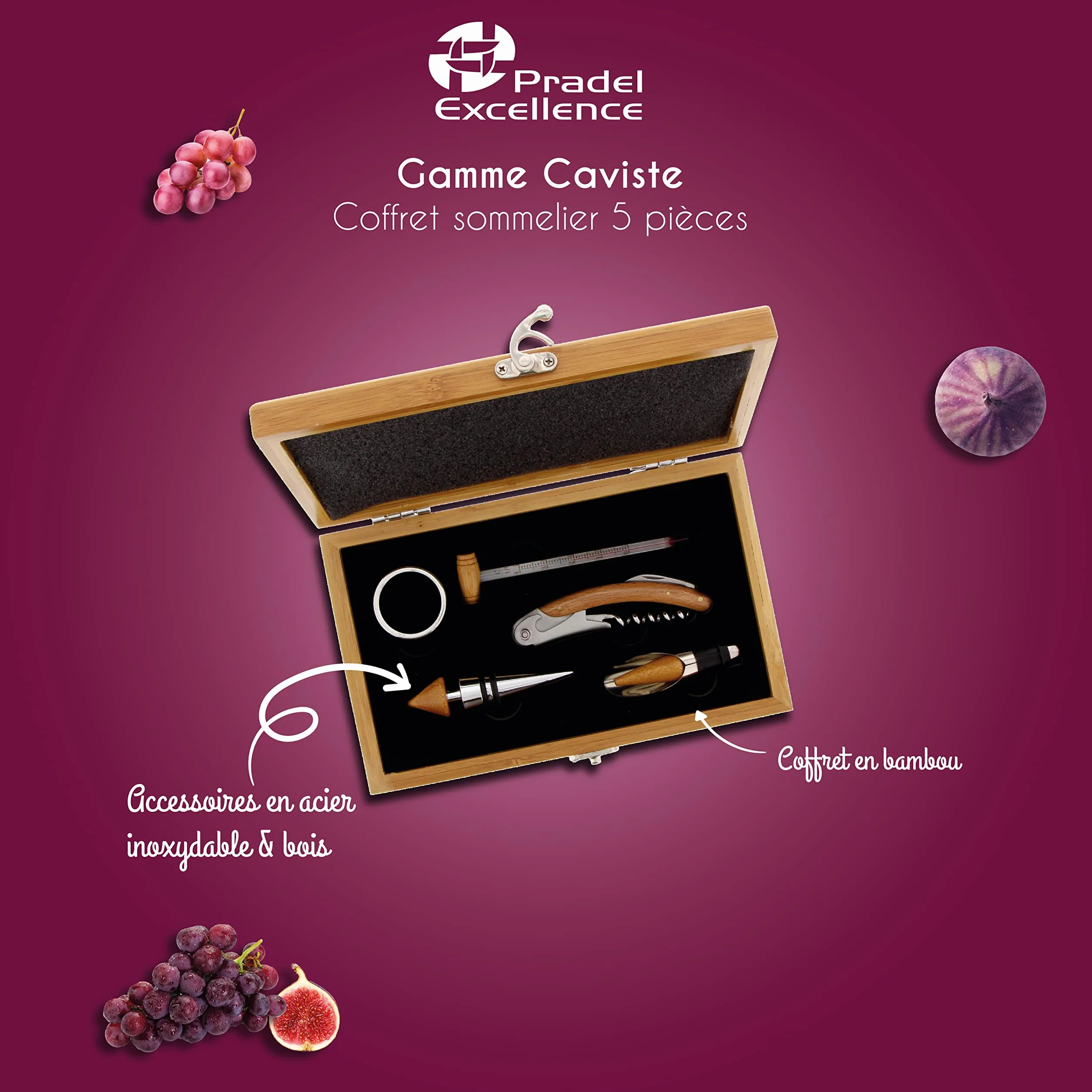 Pradel Excellence RT802HSaca Corcho Caja Sumiller Bambu para 1 Botella con 4 Accesorios