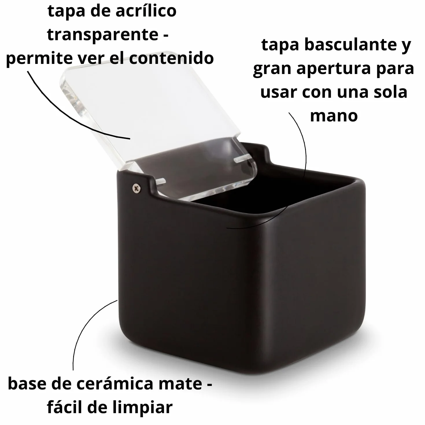 salero de cocina con tapa de acrílico transparente basculante - Saleros negro de cocina modernos con base cerámica para usar como salero y azucarero o especieros, 11.2 x 11.2 x 11.2 cms
