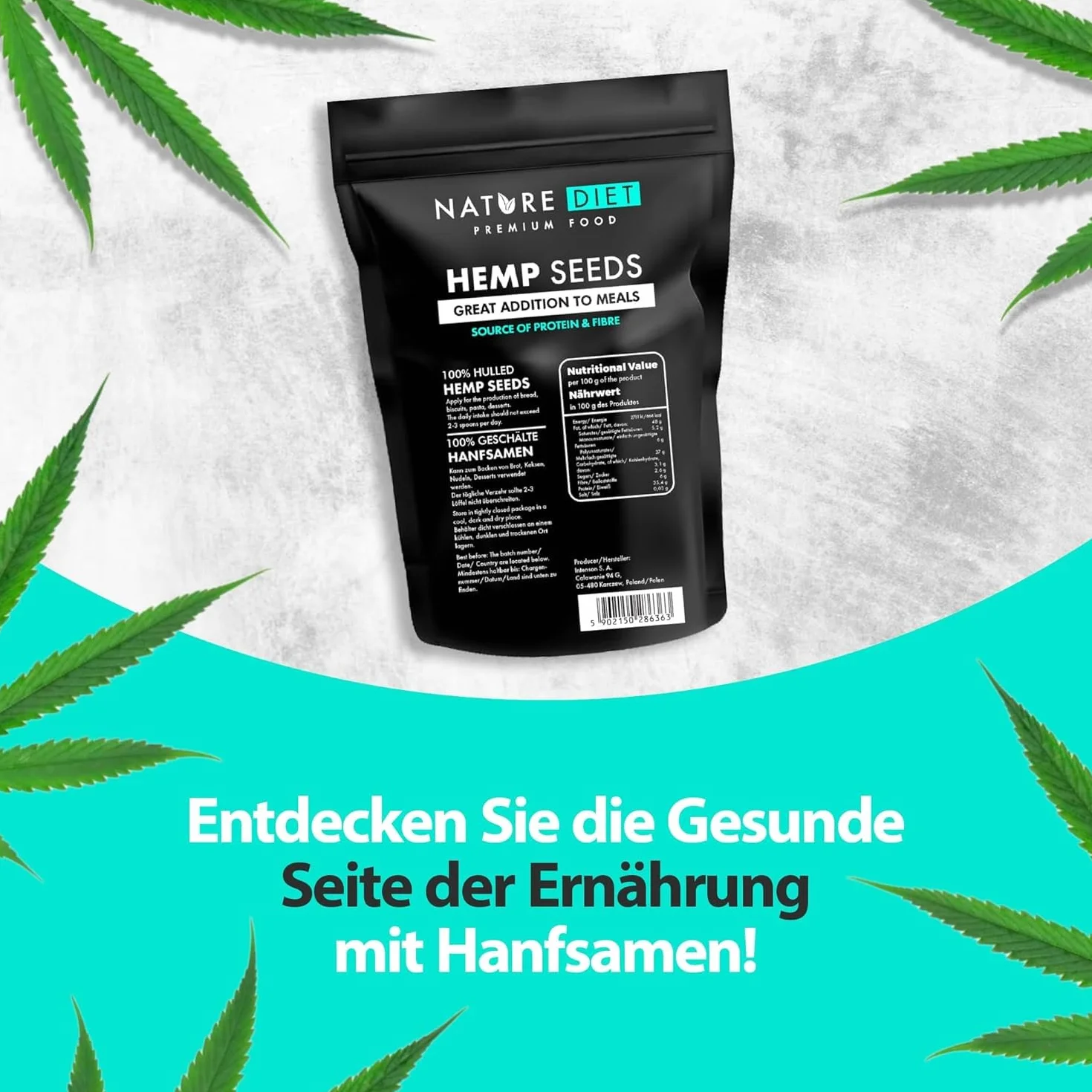 Nature Diet Semillas de Cáñamo Peladas 500 g Ricas en Proteínas Fibra Vegano Sin Gluten Sin Lactosa