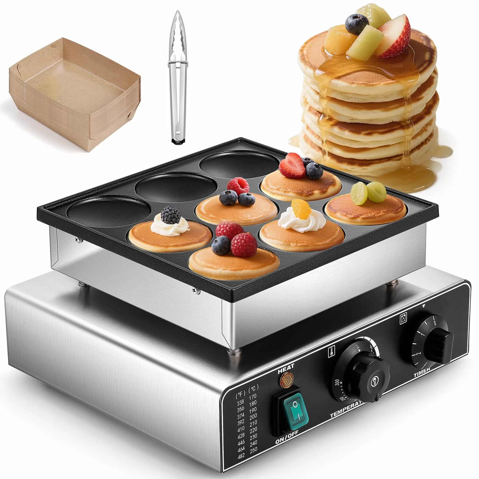 CGOLDENWALL 9 PCS Máquina para Hacer Panqueques Holandesa, con Revestimiento Antiadherente, Temporizador y Temperatura Ajustable, Mini Panqueques Eléctricos para Tortitas, Dorayaki y Poffertjes