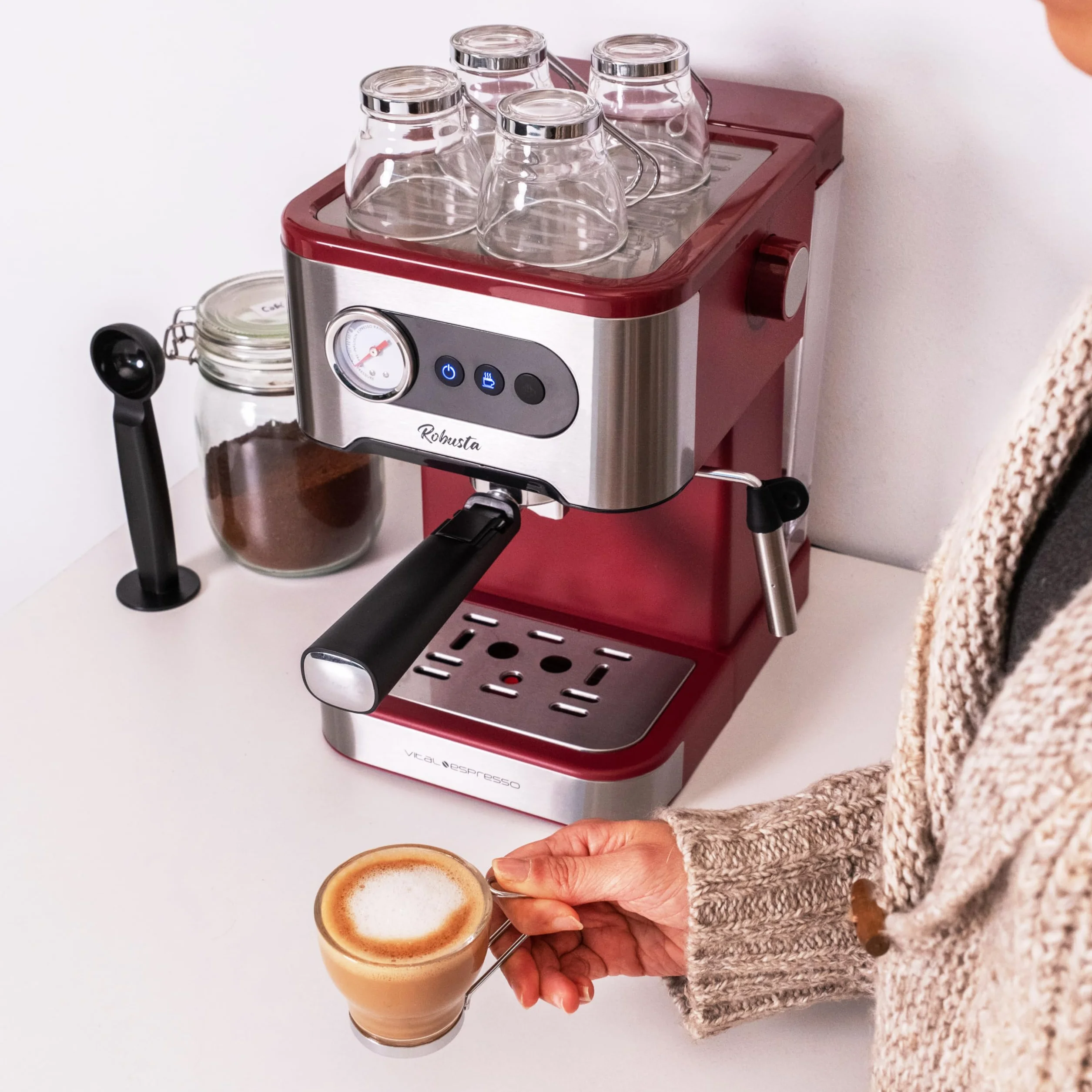 Cafetera Espresso 20 Bares Express Semiautomatica Cappuccino Latte Vaporizador Leche Thermoblock Calentamiento Rapido Portafiltros Molido Acero Inoxidable Frio Caliente Bandeja Goteo Calientatazas