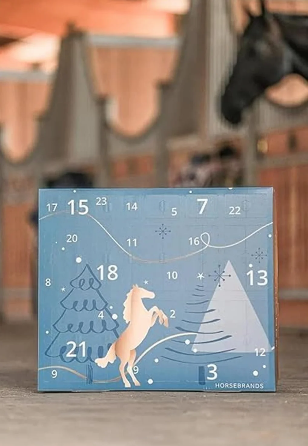 Calendario de Adviento 2025 con diseño de cielo invernal y caballos 24 días de regalos para dueños de caballos