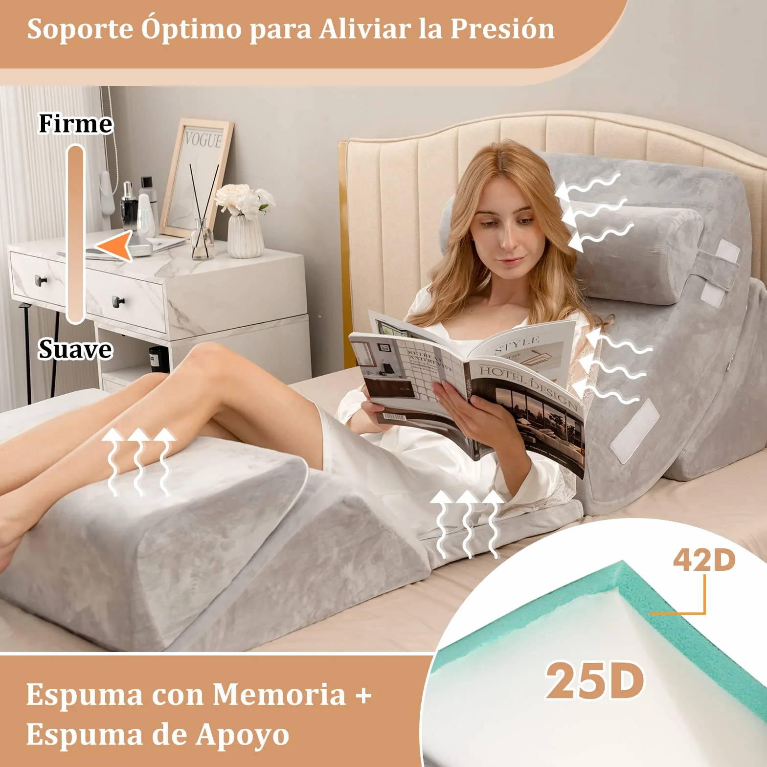 COSTWAY Almohada de Cuña para la Cama de 6 Piezas, Juego de Almohadas de Espuma de Memoria para Aliviar el Dolor de Cuerpo, Almohada de Soporte de Espalda Cómoda Ajustable y Extraíble, Gris