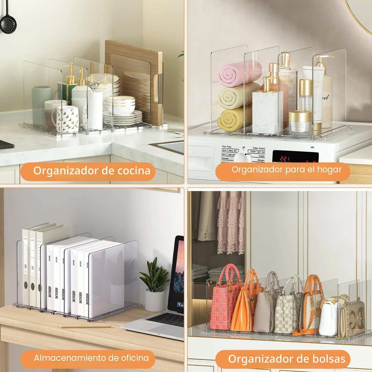 Set de 10 Separadores de Bolsos, Organizador de Armario Ajustable con Base Ranurada y Divisores, Ideal como Organizador de Armario y Bolsos de Mujer, También para Cocina, Baño y Escritorio
