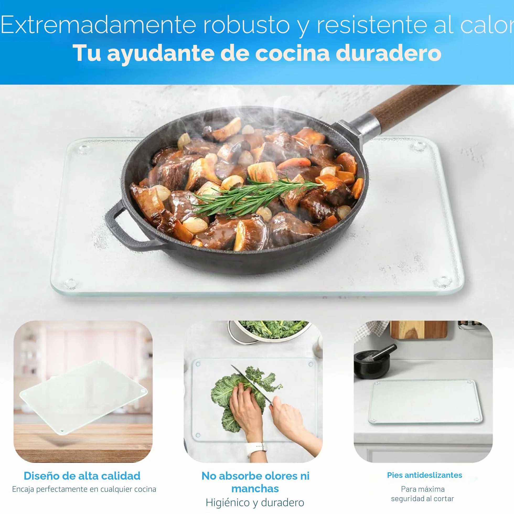 Tabla de cortar de cristal 30x20 cm antideslizante con pies resistente a arañazos y calor