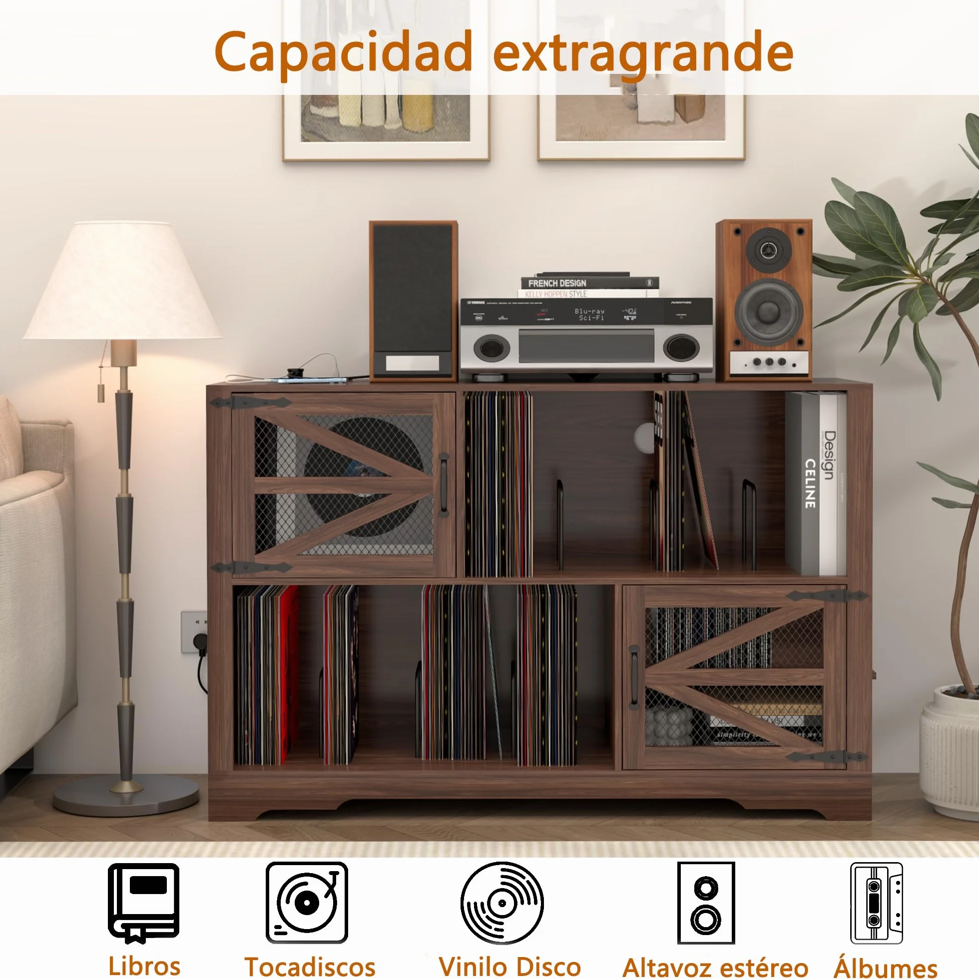 MDF Mueble para Discos de Vinilo con Acabado Nogal,Soporte para 500+ Vinilos, 2 Enchufes & 2 USB, Antivuelco, Mueble Compacto para Salón y Tocadiscos,Color Nogal（120×40×80cm）
