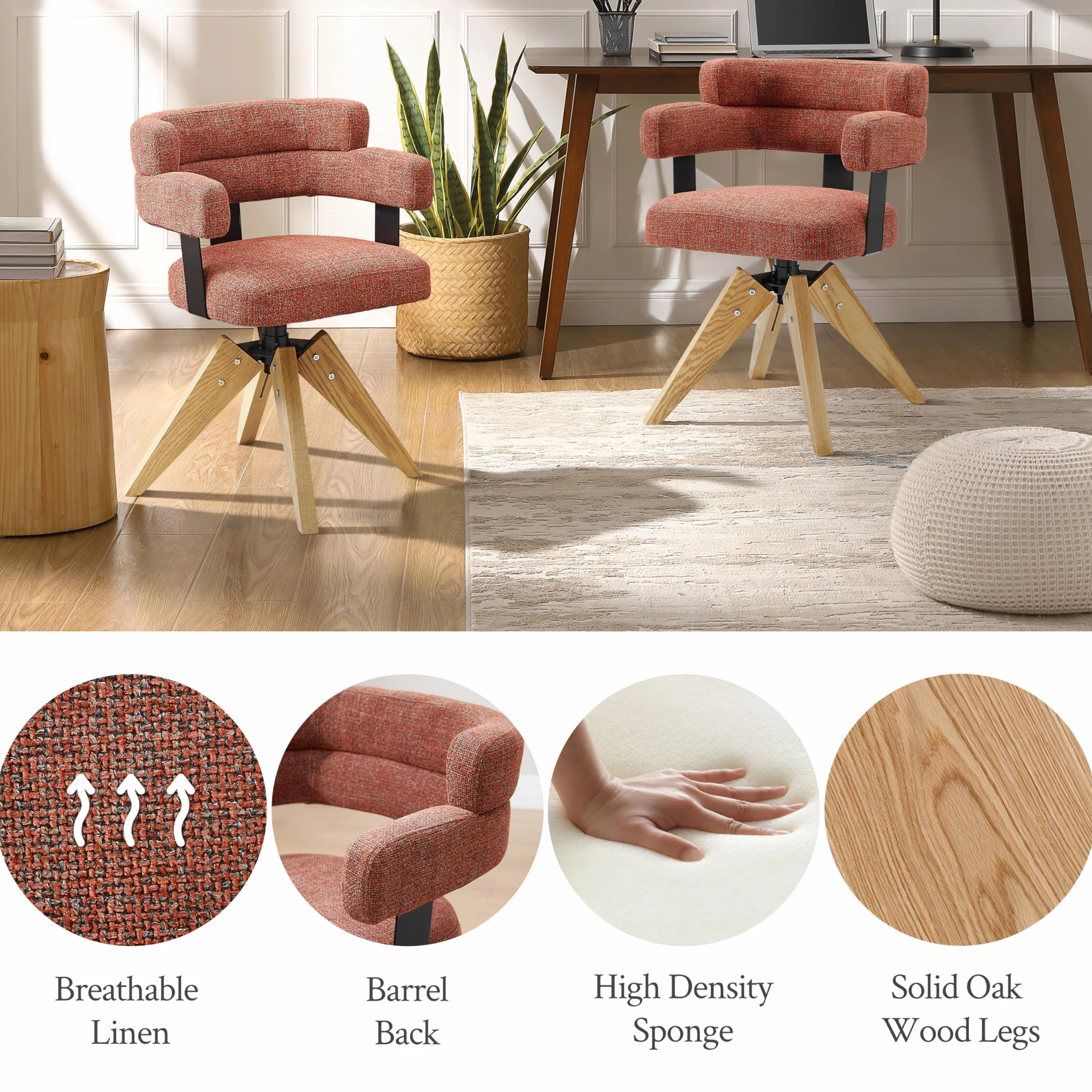 Zouron Sillas de Comedor Giratorias Tapizadas en Algodón y Lino con Reposabrazos y Respaldo, Patas de Madera, Rojo