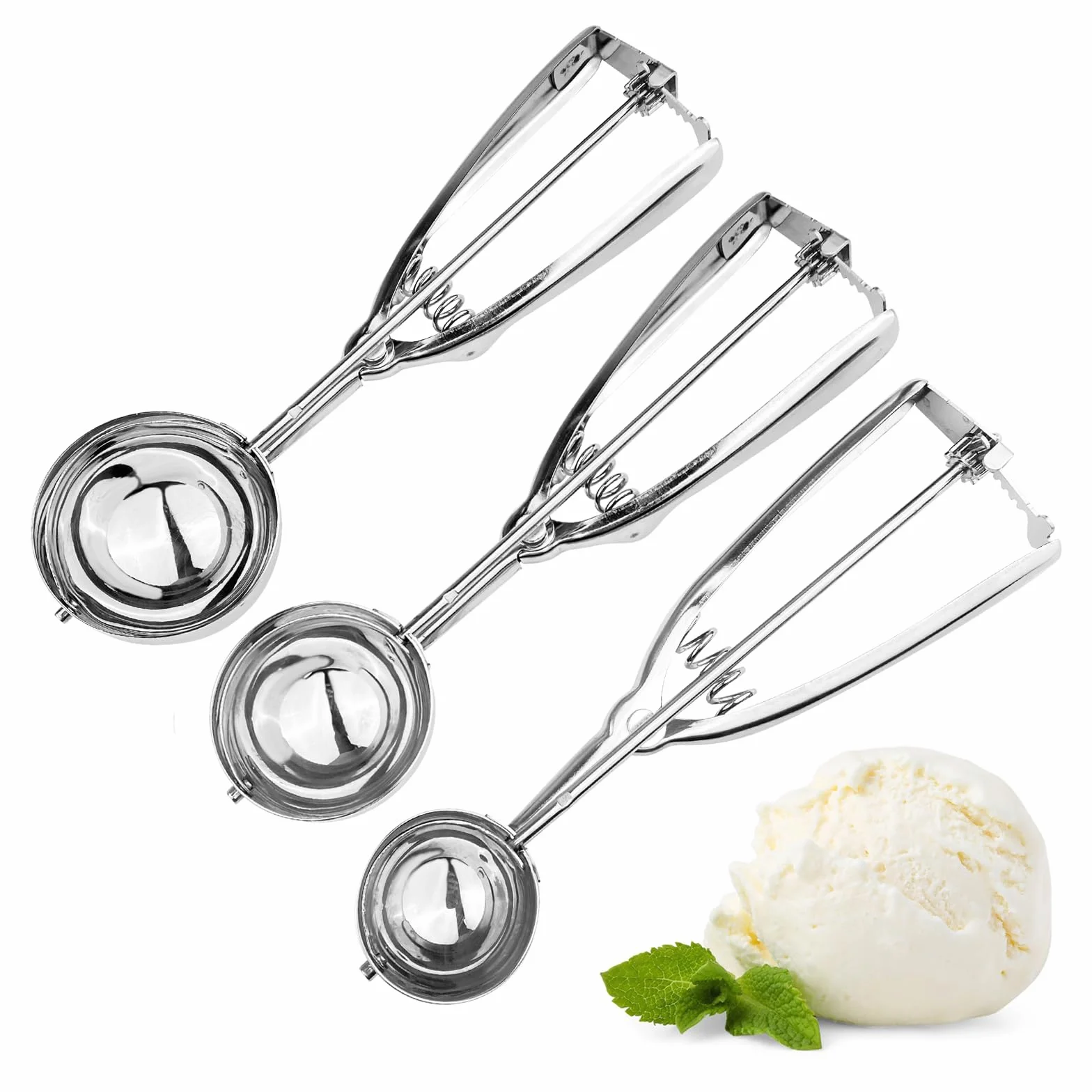 Cuchara para Helado de Acero Inoxidable 3 Piezas con Gatillo Sacabolas 4 cm, 5 cm, 6 cm Dosificador