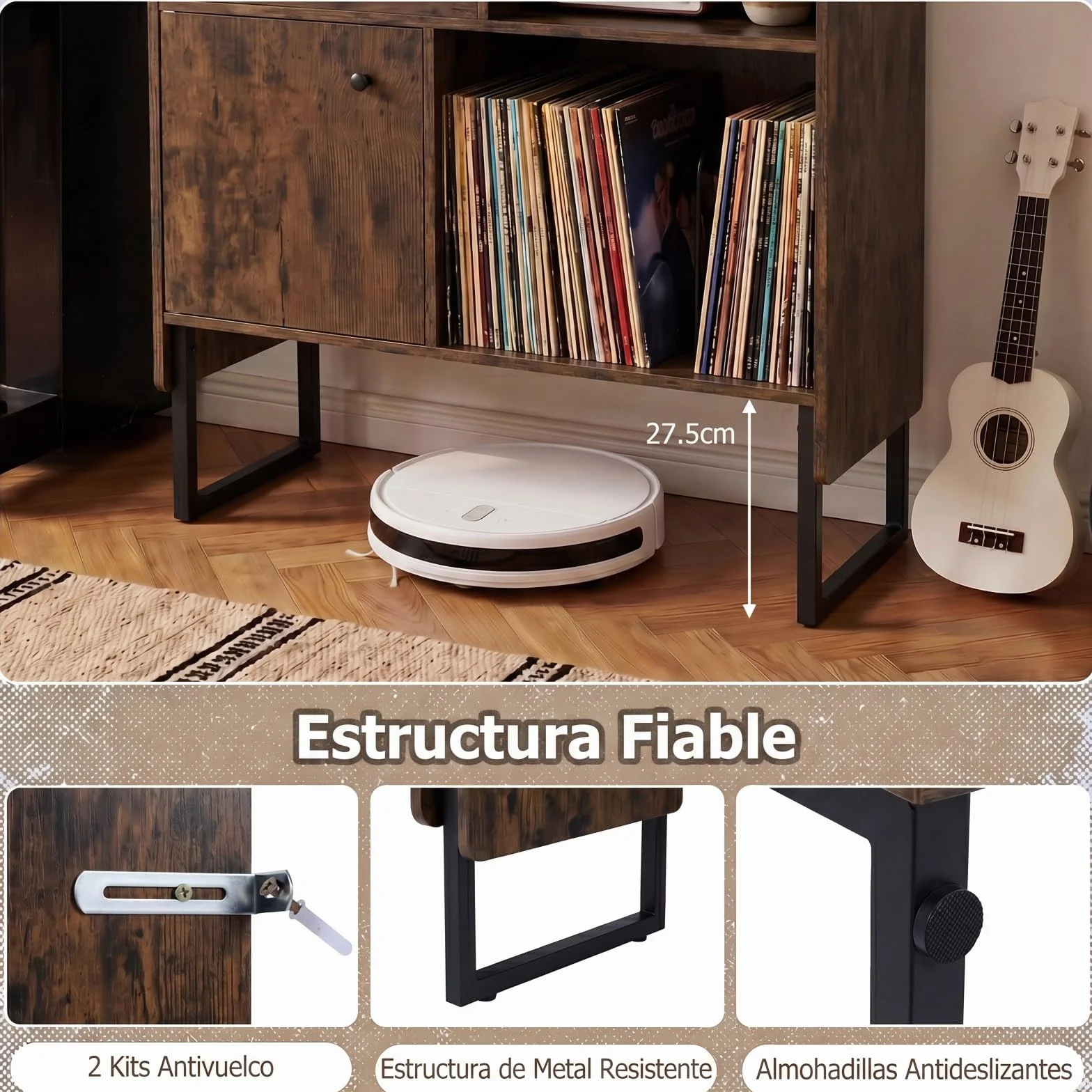 COSTWAY Mueble para Tocadiscos con Almacenamiento de Vinilos, Soporte Industrial, 80 x 35,5 x 85,5 cm