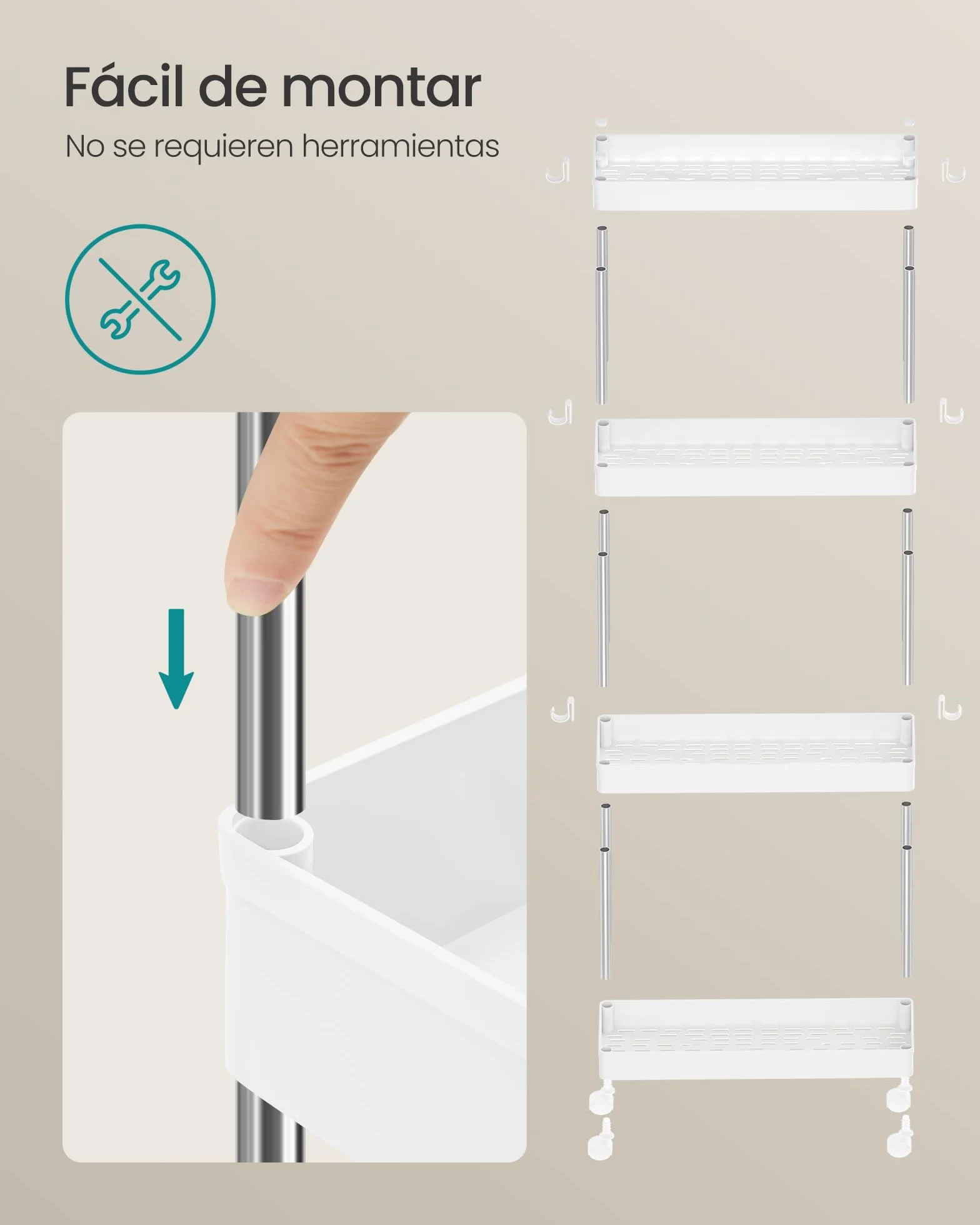 SONGMICS Carro de Almacenamiento de 4 Niveles, Carrito con Ruedas, Carro de Cocina, Ahorro de Espacio, para Baño, Oficina, 14,4 x 42 x 86 cm, Blanco Nube KSC08WT