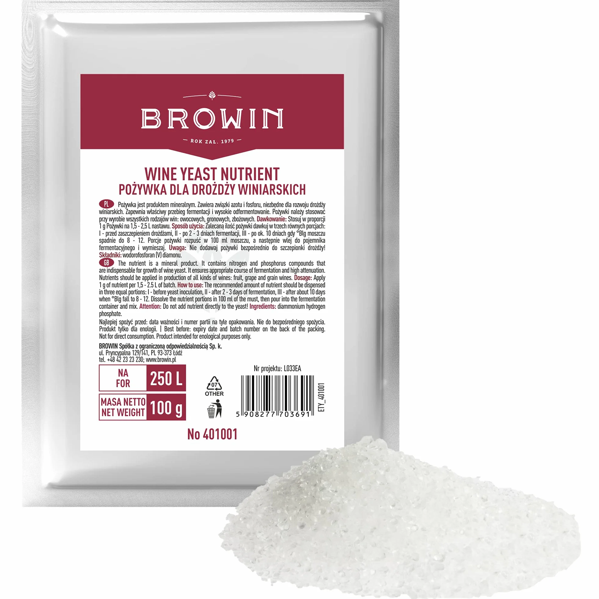 Browin 401001 Nutriente para levadura enológica 100 g Universal Vino Blanco Rosado Tinto