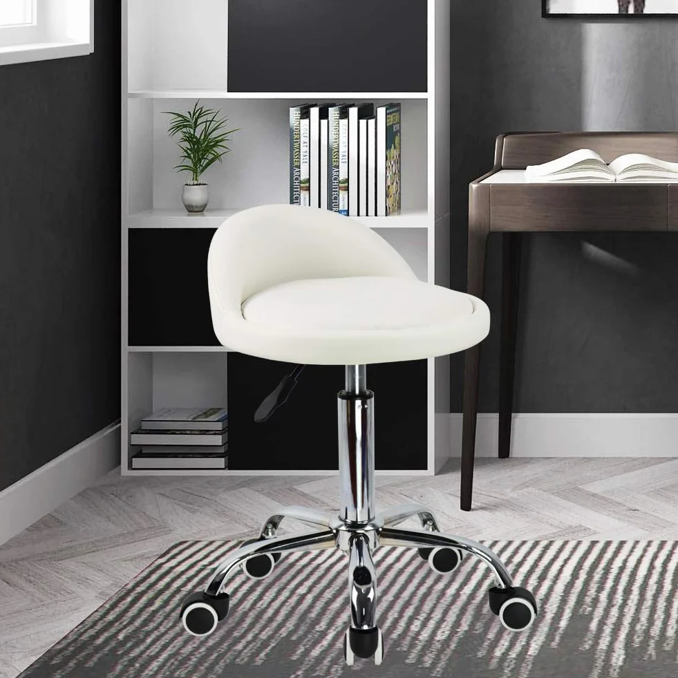 Taburete con Ruedas de Piel Sintética con Respaldo Ajustable en Altura y Giratorio, Silla de Trabajo (Blanco)