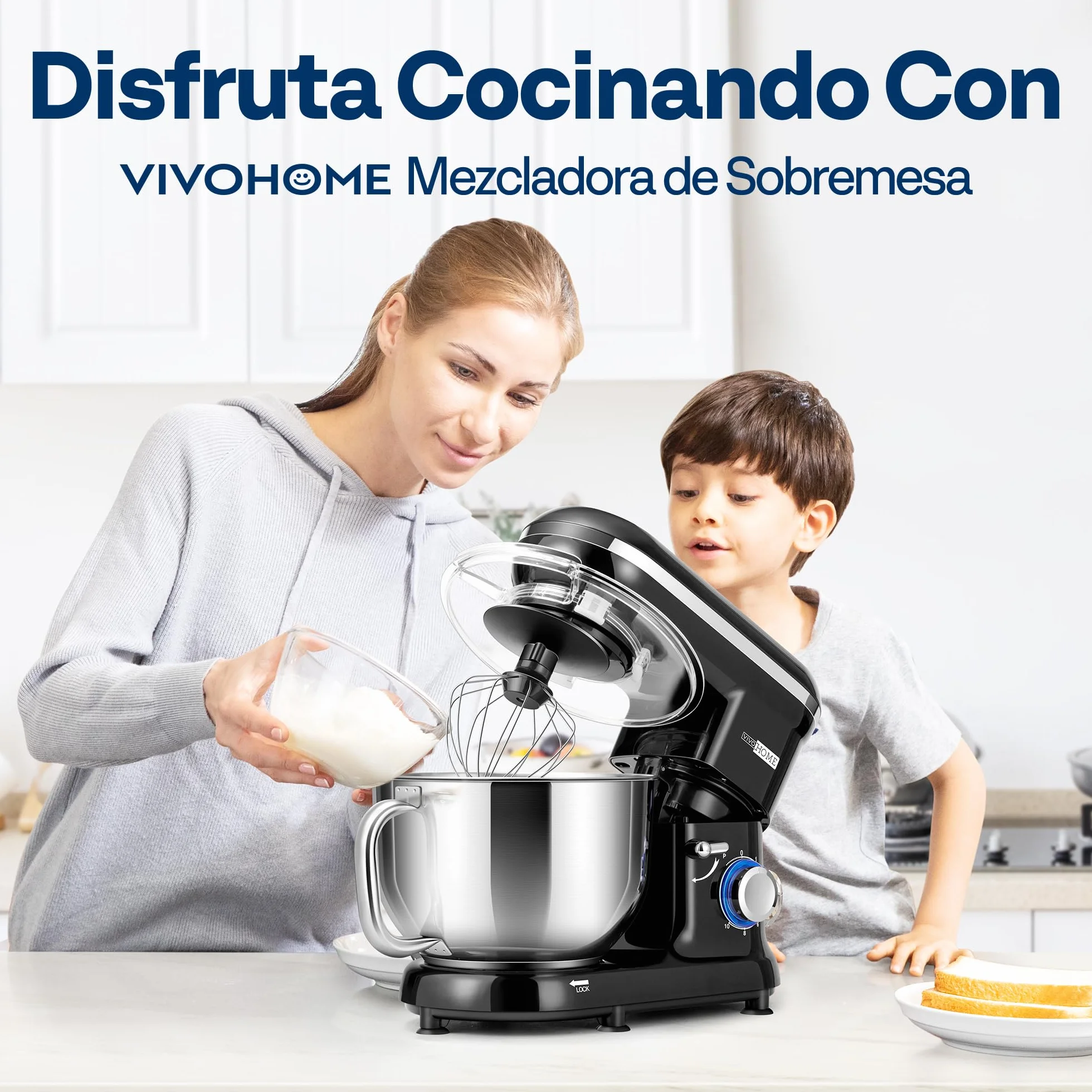 VIVOHOME Batidora Amasadora 10 Velocidades 1500W 5,7L para Repostería Profesional, Amasadora de Pan Varillas Multifunción Bol de Acero Inoxidable, Negro