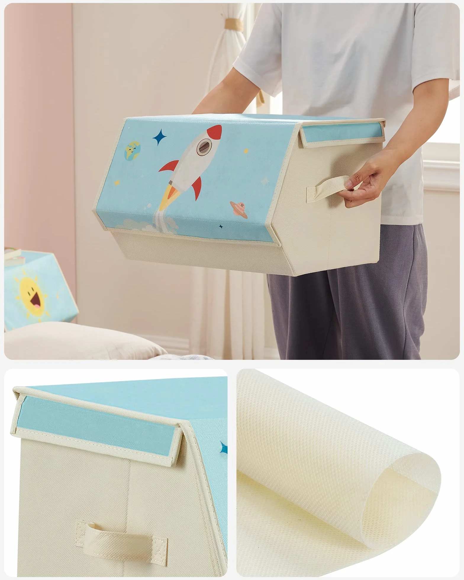 SONGMICS Cajas de Juguetes para Niños, Juego de 3 Cajas de Almacenamiento Apilables y Plegables, con Asas y Tapa Magnética, Azul