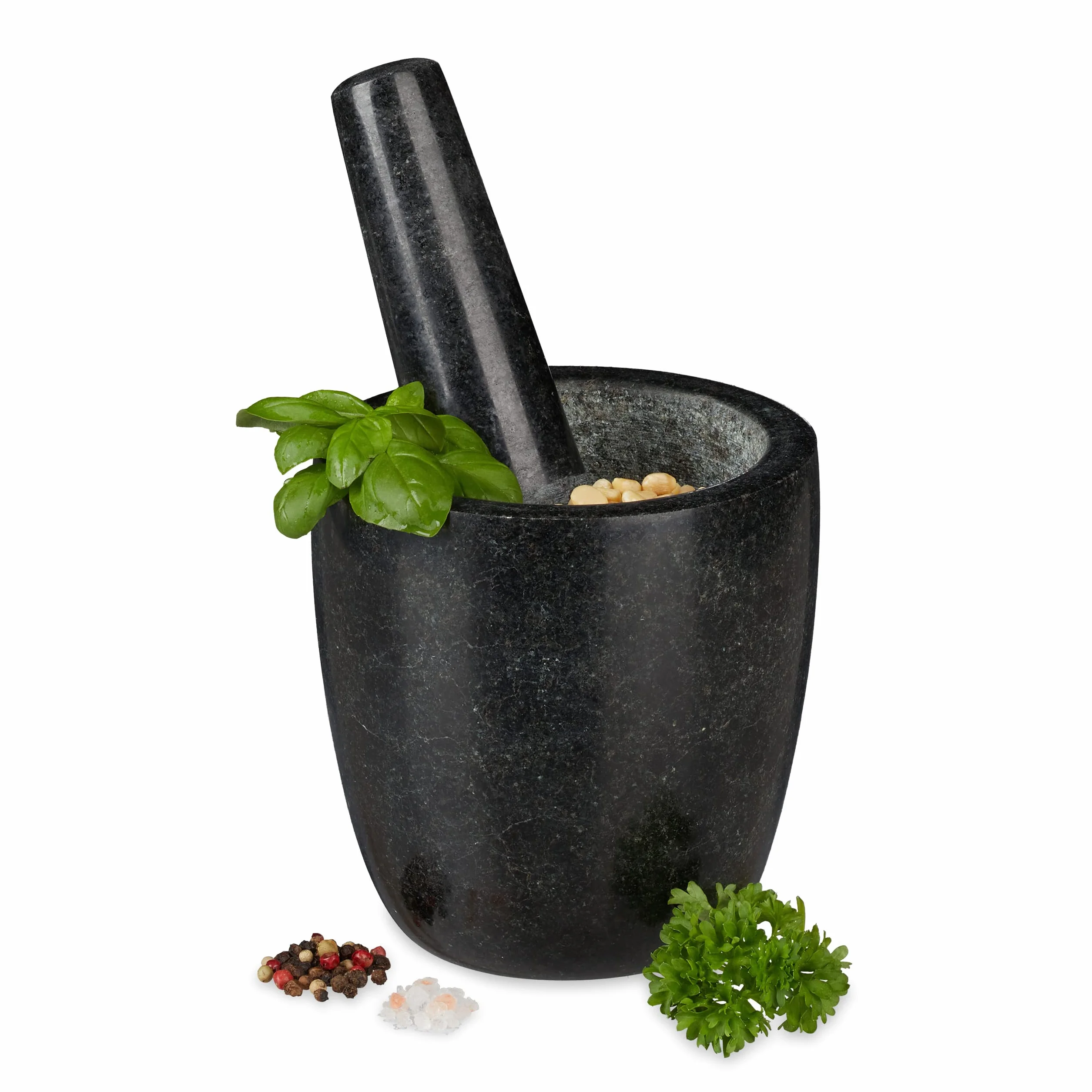 Relaxdays Mortero Granito con Mano, Resistente, Duradero, Especias, Hierbas, Moledor Piedra Pulida, 13cm Ø, 500ml, Negro
