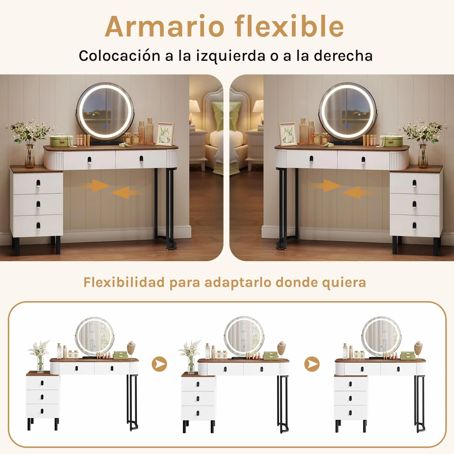 WOLTU Tocadores Maquillaje, Mesa tocador, con Espejo Redondo, Luz Regulable en 3 Niveles, Tocador con Cajonera de 5 Cajones, Marrón Naranja, MB6109hdob