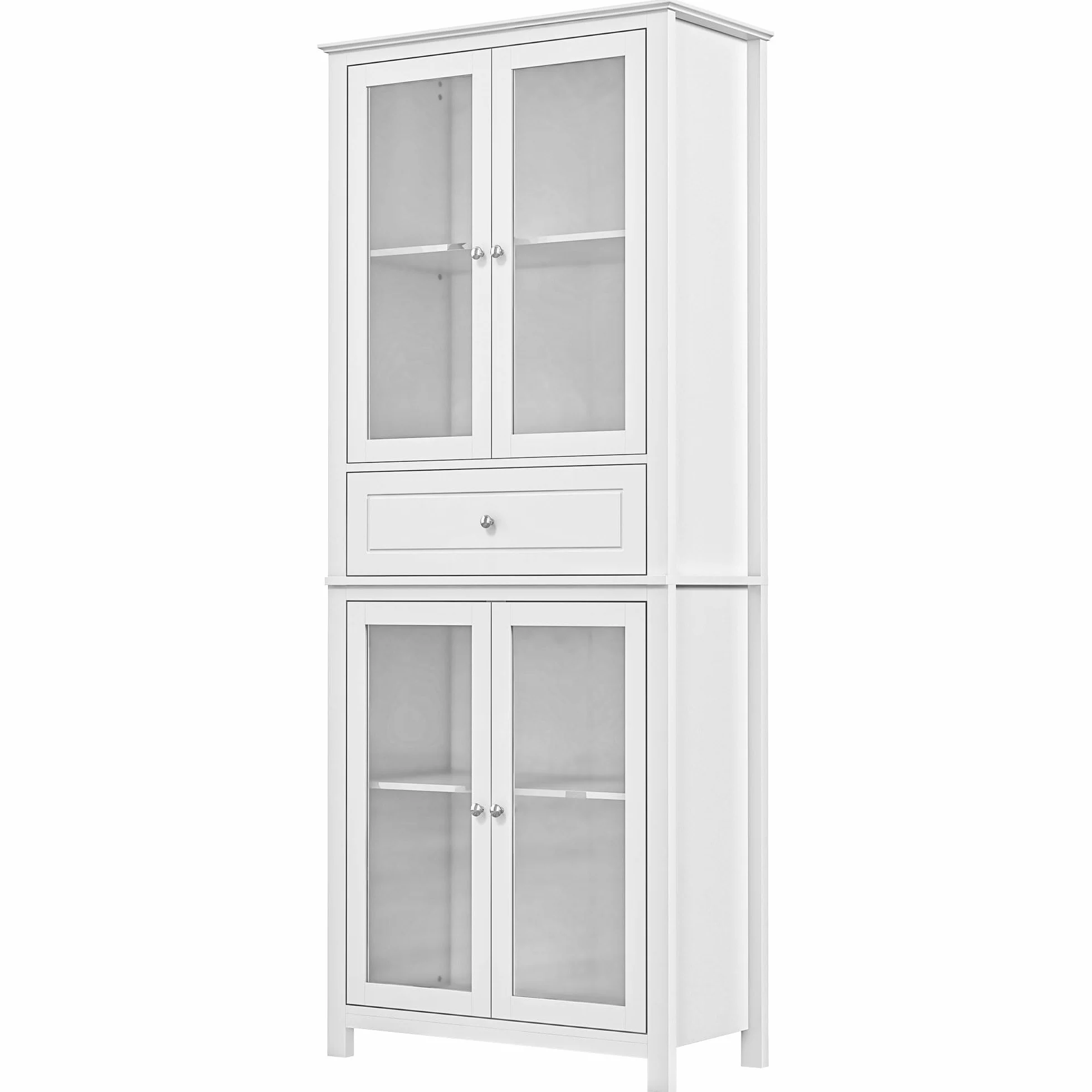 HOMCOM Alacena de Cocina Armario de Cocina con 1 Cajón 2 Estantes Ajustables y 4 Puertas de Vidrio Templado Diseño Clásico para Salón Comedor 74x35,5x181,5 cm Blanco