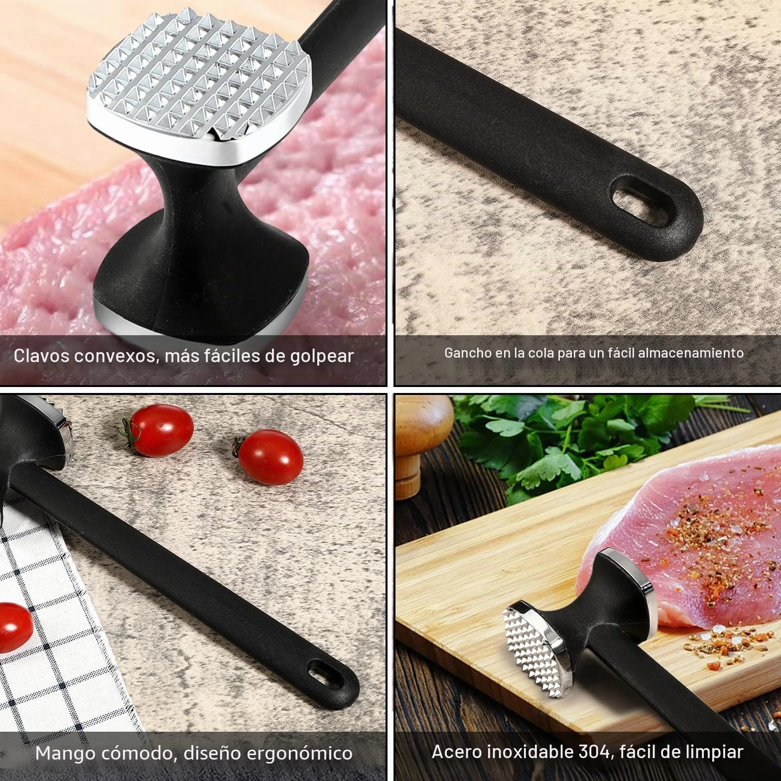 Martillo Ablandador de Carne Doble Cara de Acero Inoxidable para Cocina