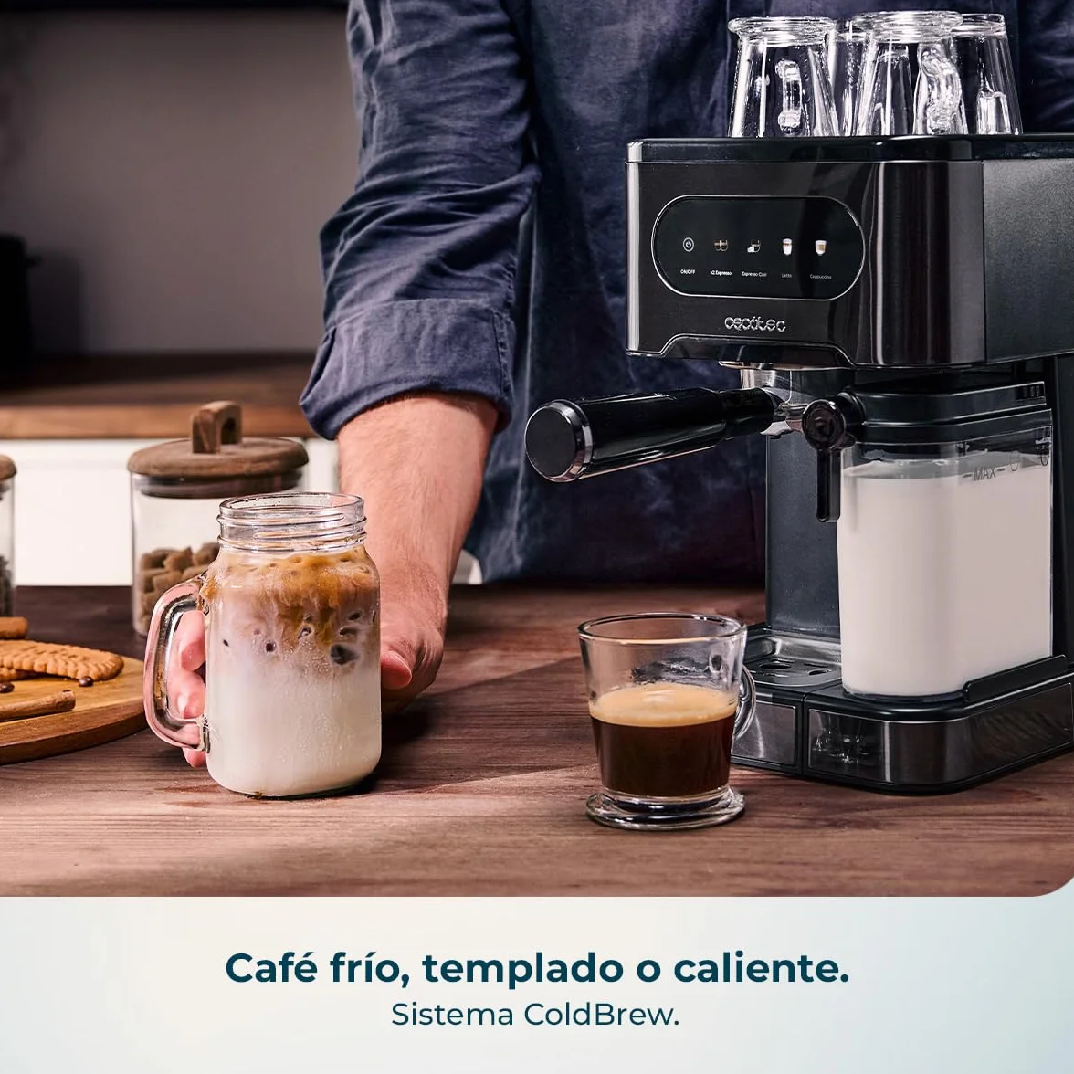 Cecotec Cafetera Express Semiautomáticas Power Espresso 20 ColdBrew Latte. 1350W, 20 Bares, Frío, Templado o Caliente, Pantalla Táctil, 1.5L Depósito Agua y 500ml Leche, Calientatazas, Doble Brazo