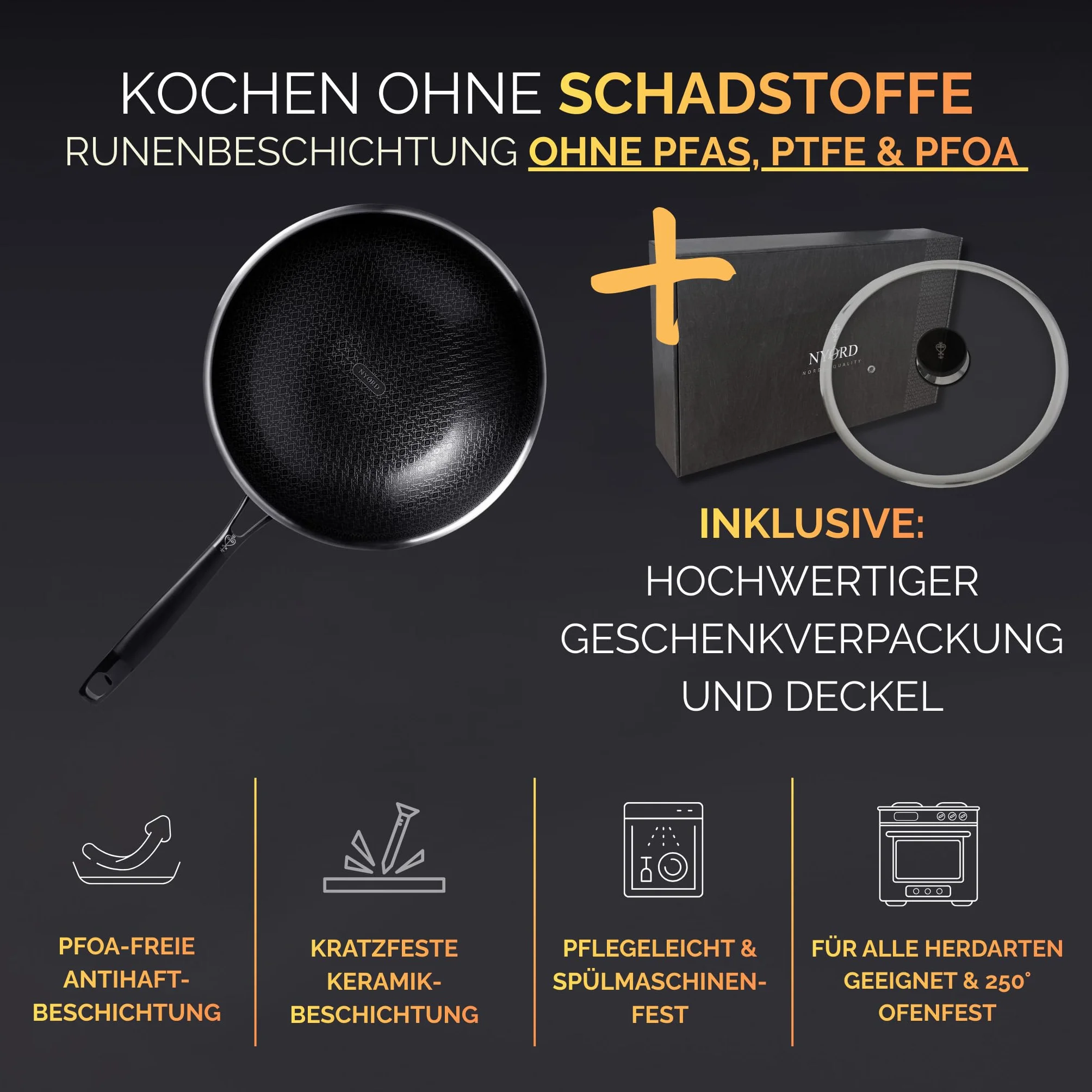 NYORD - Sartén wok (30 cm, acero inoxidable, con protección híbrida y revestimiento cerámico, apta para vitrocerámica, gas y cocinas de inducción)