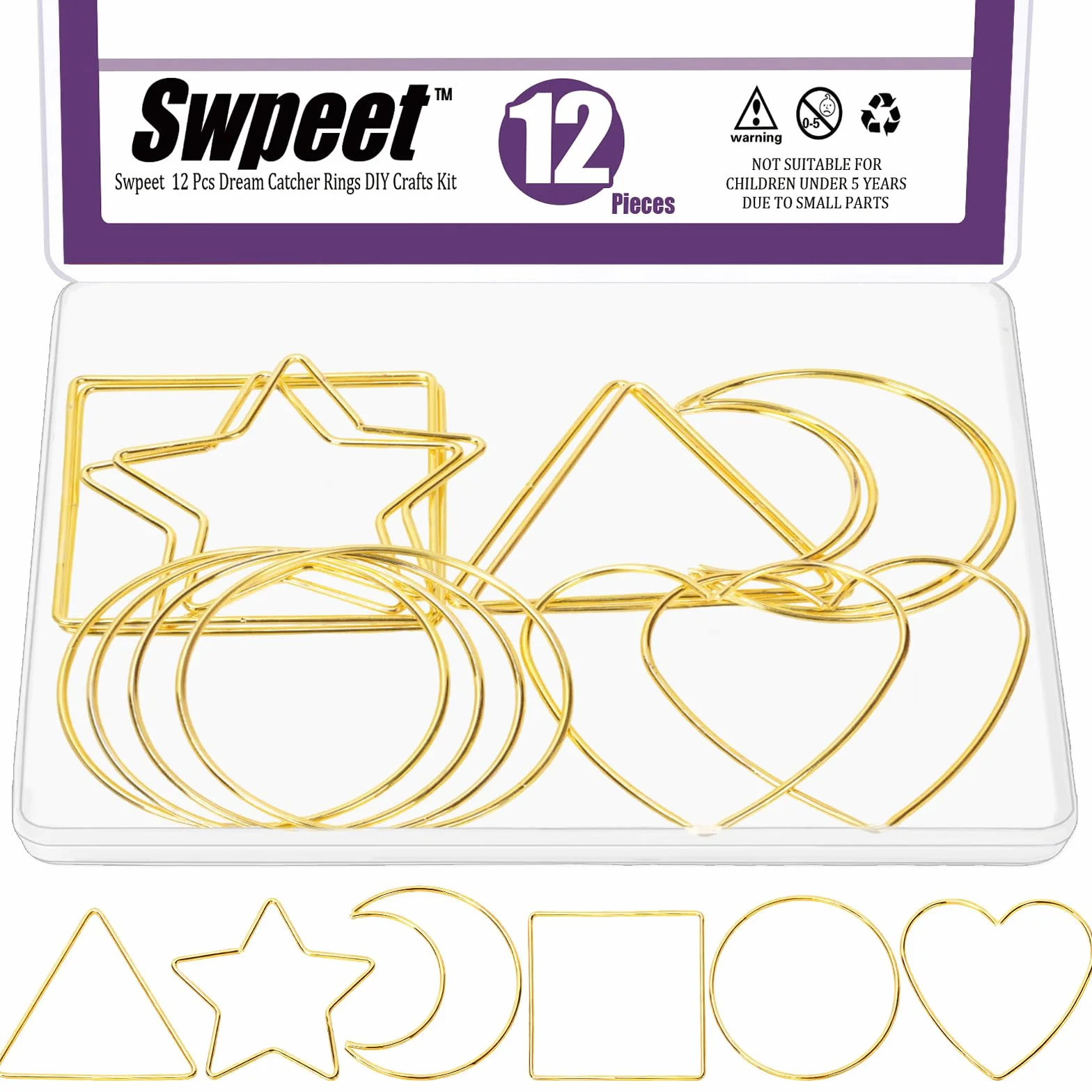 Swpeet 12pcs 6 Estilos Luna / Estrella / Corazón / Redondo / Triángulo / Cuadrado 4 "Kit de anillos del cazador de sueños, anillo de aros de macrame, aro floral de metal para la decoración de la pared