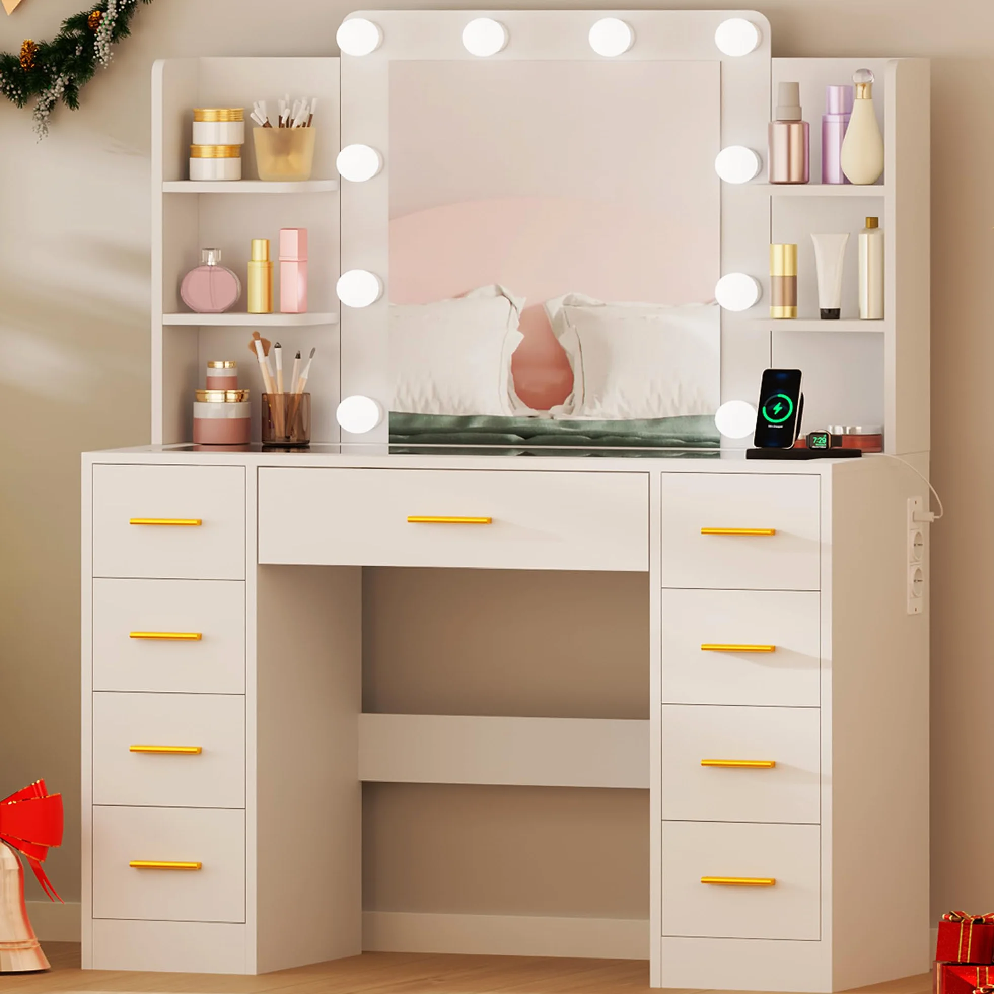 BEWISHOME Tocador con Luces LED Regulables, Mesa de Maquillaje con Espejo y Tapa de Vidrio, 9 Cajones Blanco EFST39W
