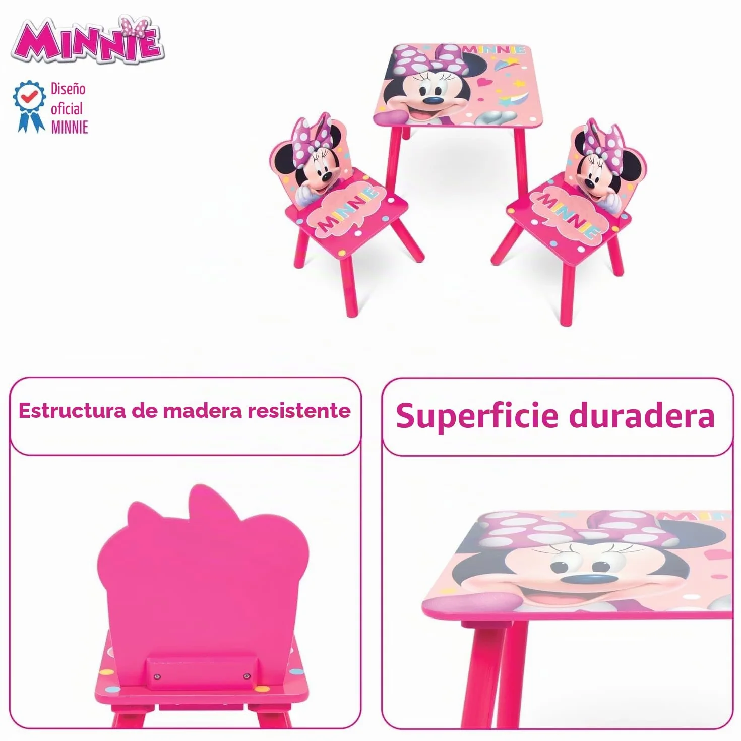 ARDITEX Minnie Mouse Set Mesa y 2 Sillas Infantiles Madera 50x50x44 cm