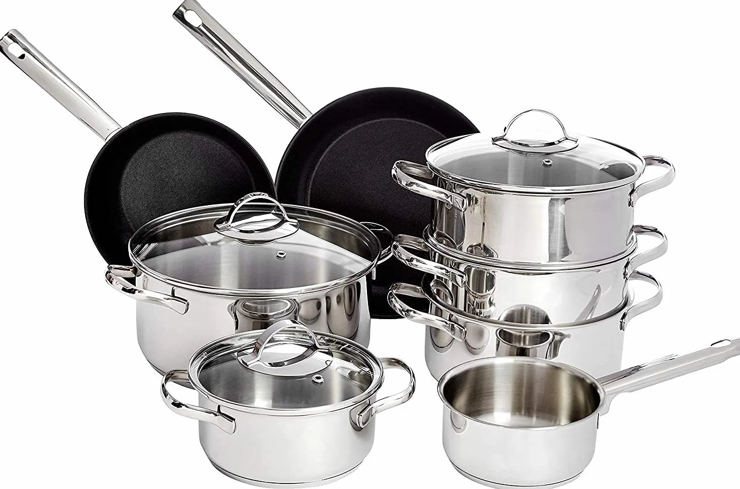 Amazon Basics Juego de Sartenes y Ollas 11 Piezas Acero Inoxidable Inducción Plateado