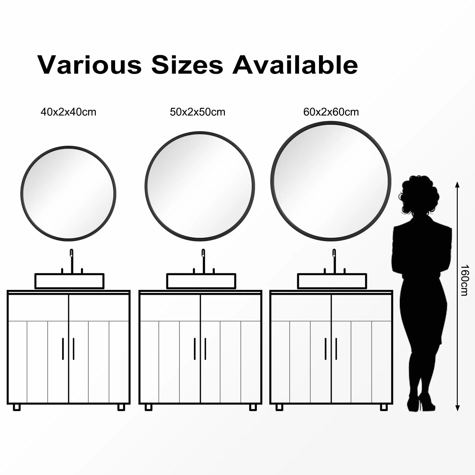 WOLTU Espejo Pared, Espejo Baño, Espejo Decorativo de Baño o Tocador con Marco Metálico Negro, Cristal HD sin Distorsión, Estilo Moderno para Dormitorio, Entrada o Salón, 60 cm
