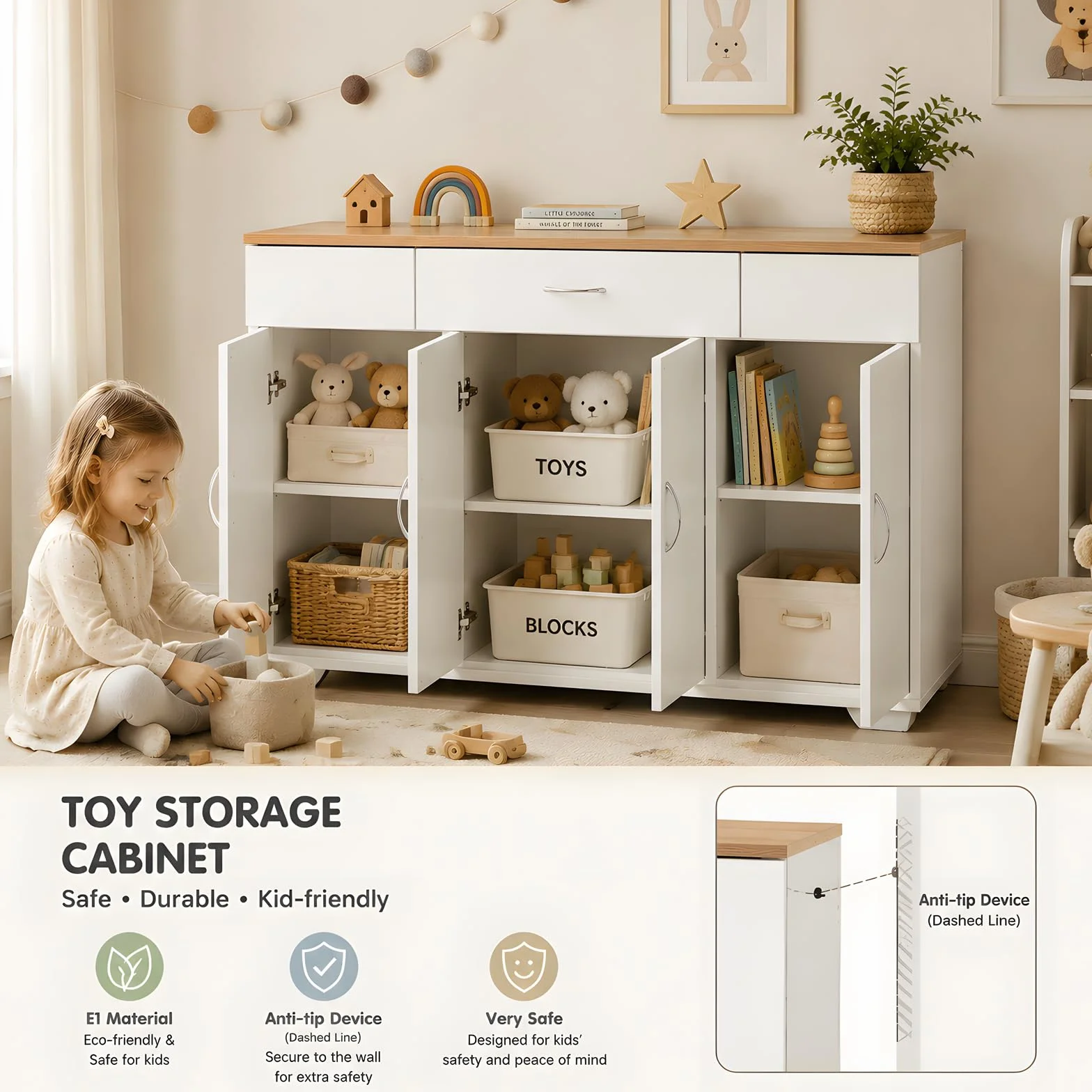 Aparador Comedor Moderno 110x30x70cm, Mueble Auxiliar Estrecho con 4 Puertas y 1 Cajón, Consola Almacenaje Blanco y Roble para Salón, Pasillo, Rincón de Café