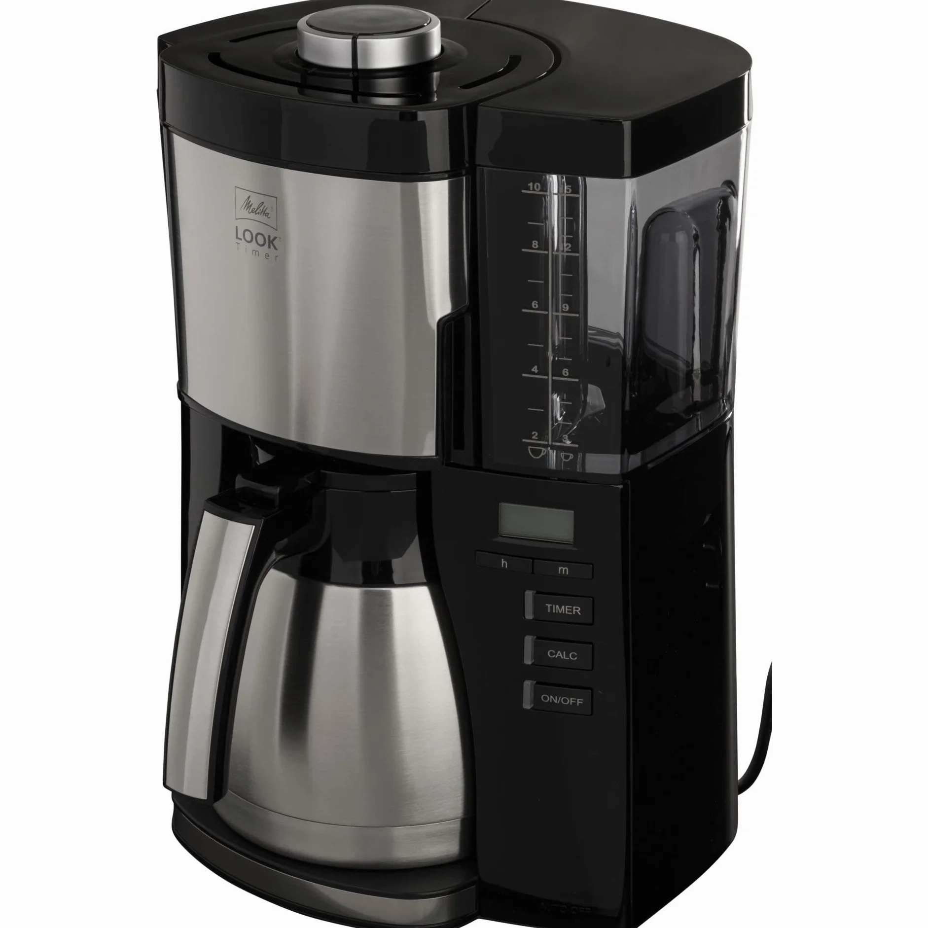 Melitta Look V Timer 1025-18 - Cafetera de goteo con jarra de acero inoxidable, cafetera de filtro con temporizador, máquina de café para 10 tazas con protección antical, negro