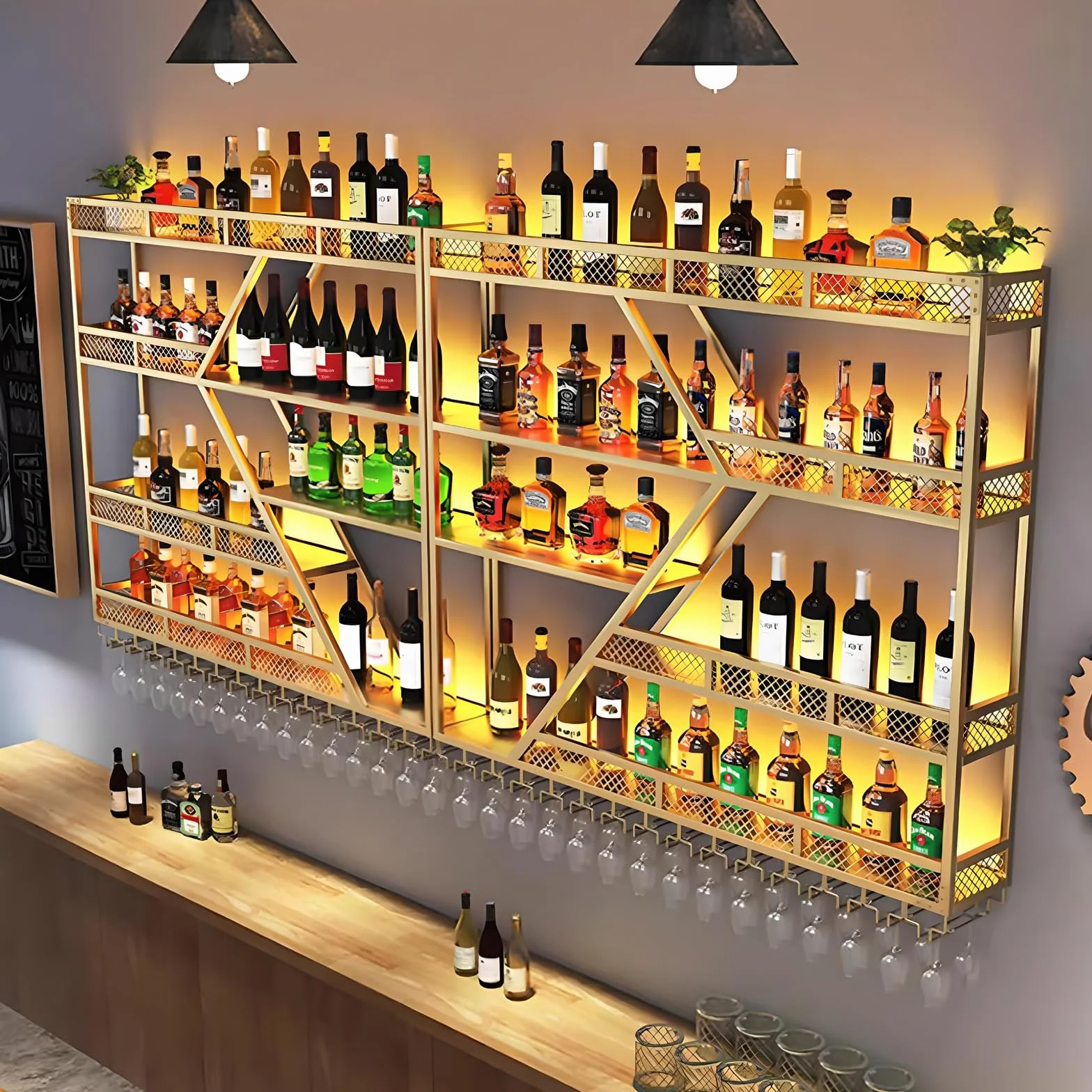Botellero de Pared Metálico para Vinos, Moderno Botellero de Pared con Soporte para Copas, Estante para Licores y Estantes de Bar para Botellas de Licor (4 Capas Gold, 160 * 20 * 123CM)