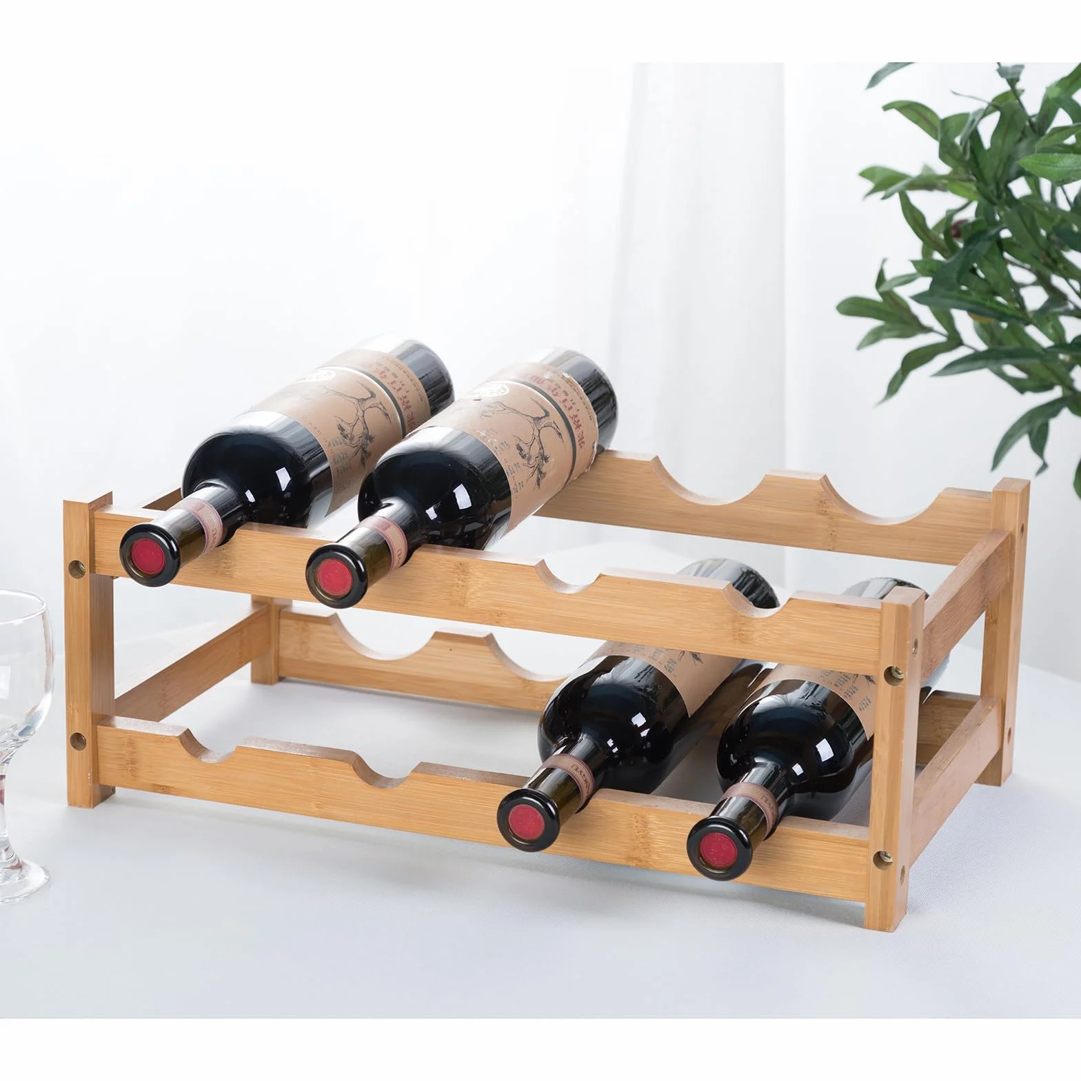 YunNasi Botellero Vino, Botellero Vertical de Bambú, Botellero Apilable de Mesa, Expositor Vino para Cocina Bar Bodega Vinoteca(2 Niveles-8 Botellas)