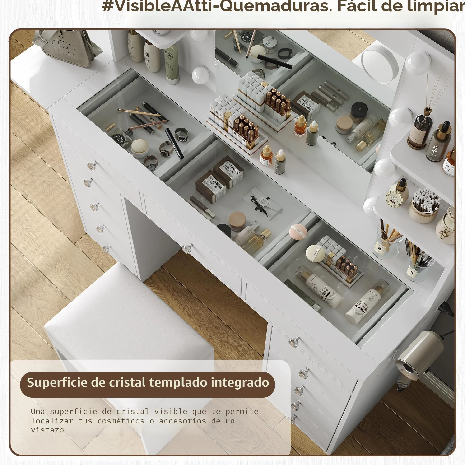 Yanosaku Tocador con Fuente de alimentación 47 Pulgadas más Ancho con Espejo y 12 Luces LED 3 Modos de iluminación de Color 11 cajones 4 estantes Panel Plegable Mesa de Cristal Juego de Maquillaje