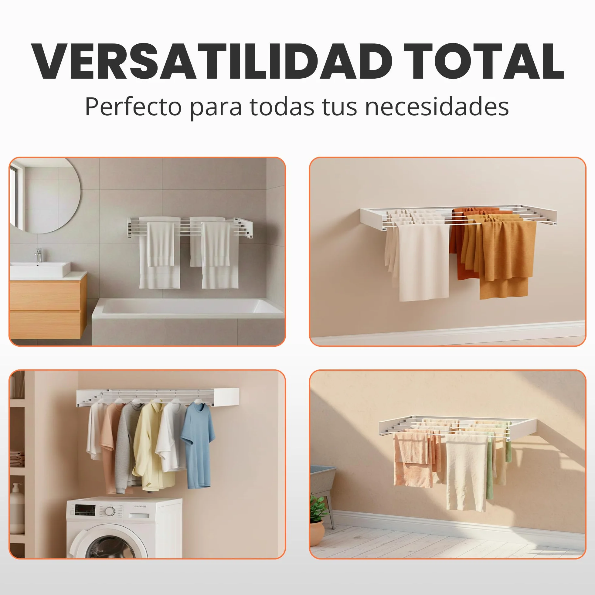 Tendedero Pared Plegable Retractil 120cm, 30 kg Capacidad, Blanco