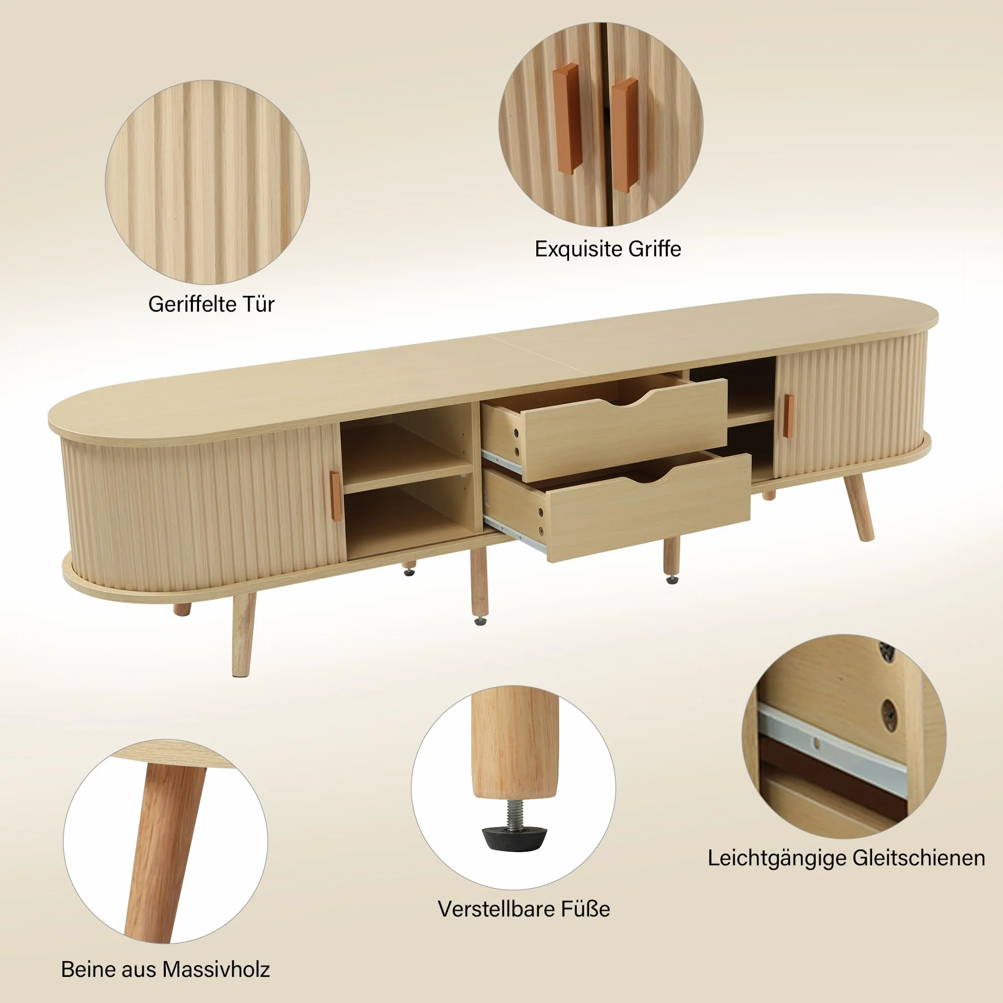 Mueble para TV de salón con espacio de almacenamiento + tablero de fibra de densidad media redonda de grano de madera, 2 cajones, capacidad de carga 30 kg, tamaño 175 x 40 x 42 cm