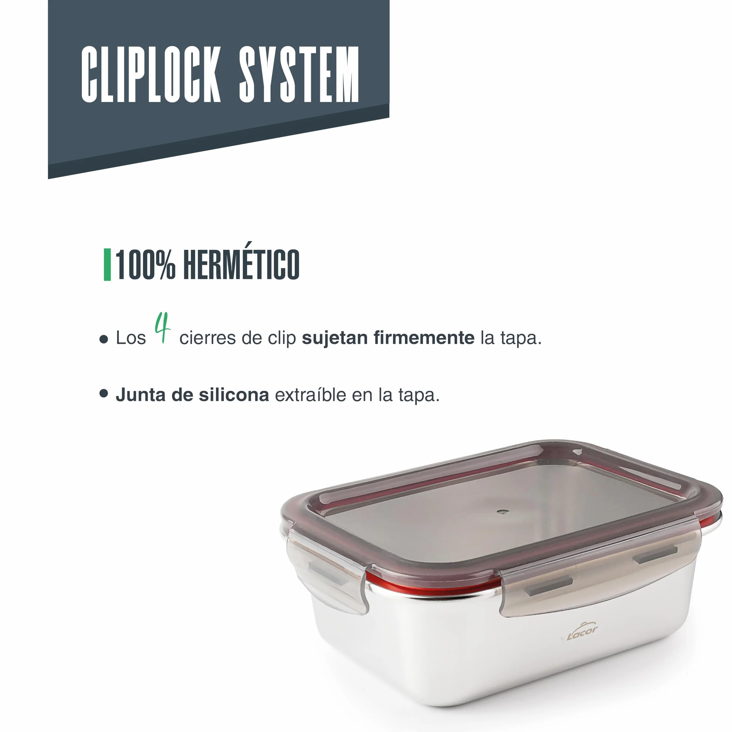 LACOR Recipiente para alimentos rectangular Ecoinox, Acero inoxidable 18/10, 800 ml, Hermético, 4 Cierres de clip