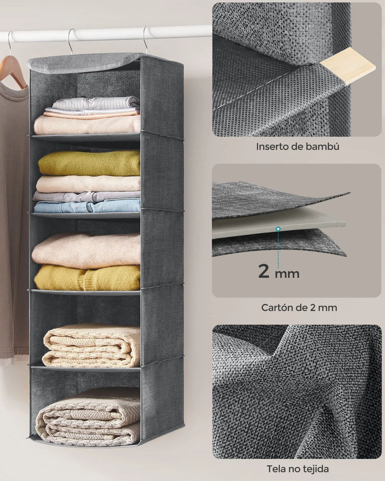 SONGMICS Organizador Armario Bolsa Colgante Plegable con Ganchos Metálicos Bambú Gris RYCH06G
