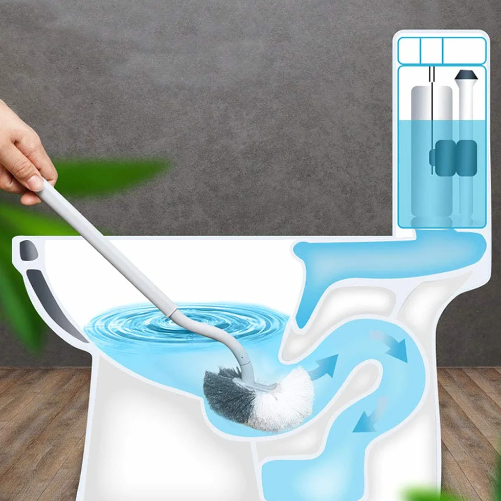 EINESIN Escobilla de baño curvada con limpiador de bordes, mango largo