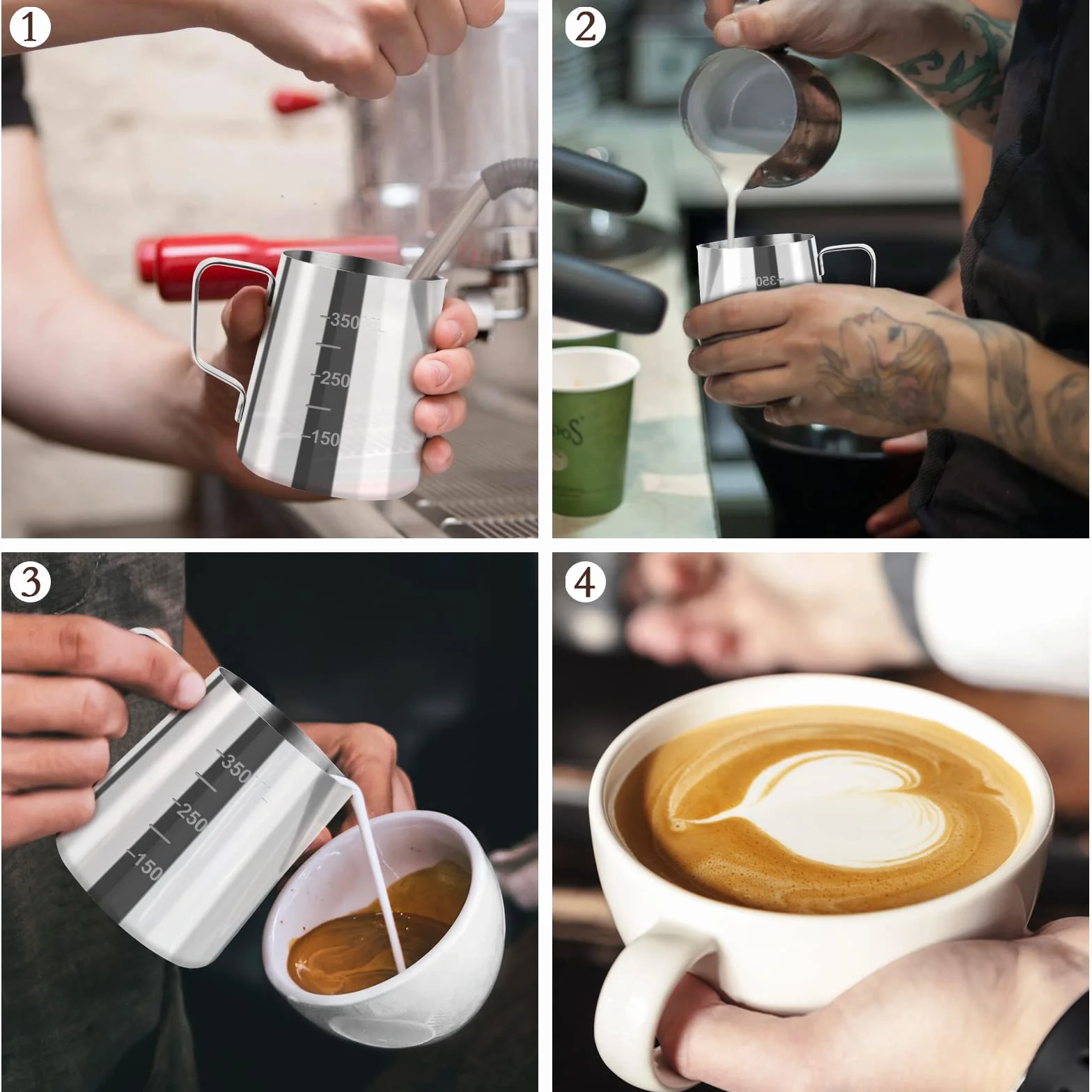 JOPHEK Jarra Barista 304 Acero Inoxidable, Jarra de Espuma de Leche, con Marca de Medición, Taza de Café para Espumar, para Capuchino, Espresso (350ML)