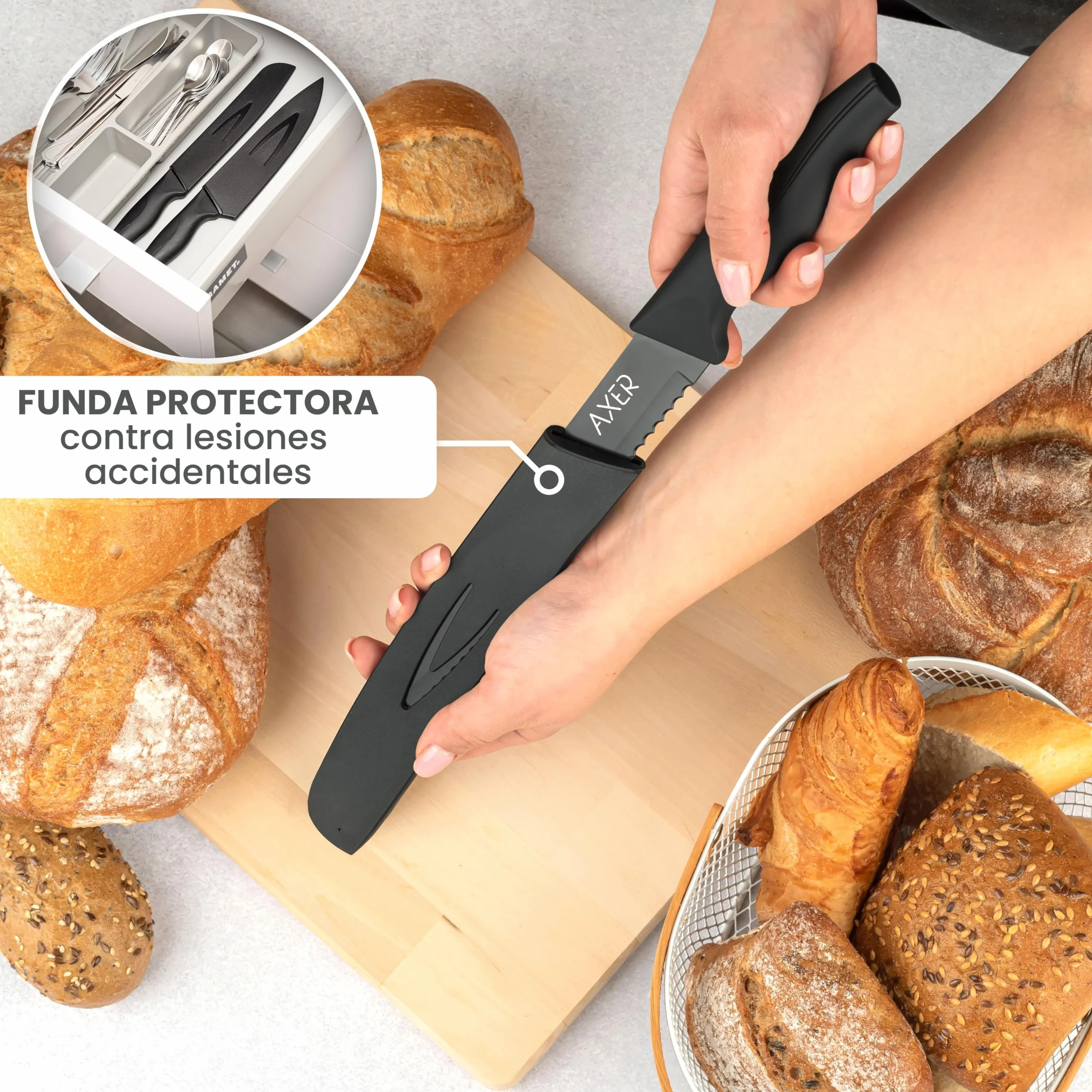 Axer Cuchillo de Pan Negro - Cuchillos Cocina Profesional - Cuchillo Pan con Funda - Bread Knife - Facas de Cozinha Para Pão - Cuchillo Cocina Profesional