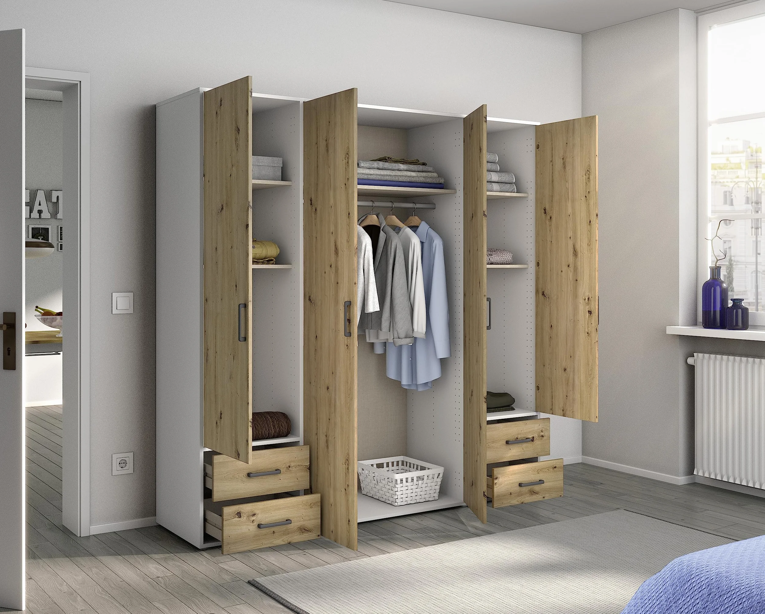 Rauch Möbel Voyager - Armario de 4 Puertas con 4 cajones (Roble Artisan/Blanco Alpino, Incluye 1 Barra para Colgar, 5 estantes, 187 x 194 x 53 cm)