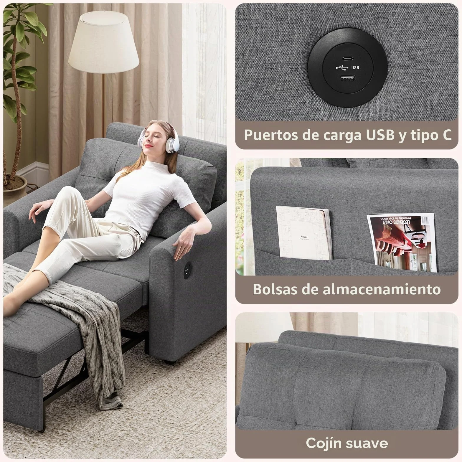 Sofá Cama 3 en 1 Convertible con USB y Puerto Type-C, Sillón Cama con Respaldo Ajustable en 3 Posiciones y Cojín, Bolsillo Lateral, Soporta 200 kg, Ideal para Apartamento y Salón, Gris Oscuro