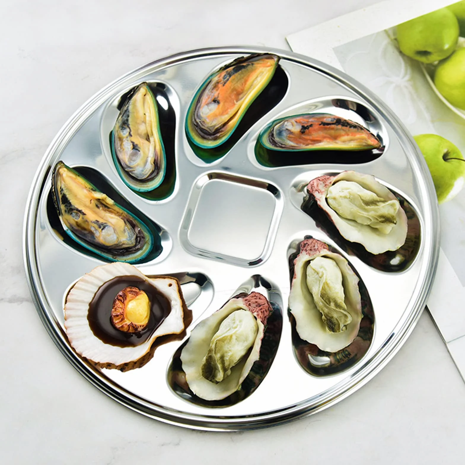 Plato De Ostras De Acero Inoxidable,3pcs Bandejas Para Servir Ostras Con 8 Agujeros + 1 Depósito De Salsa De Almacenamiento Reutilizable Para Cocina Restaurante Occidental Plato De Mariscos