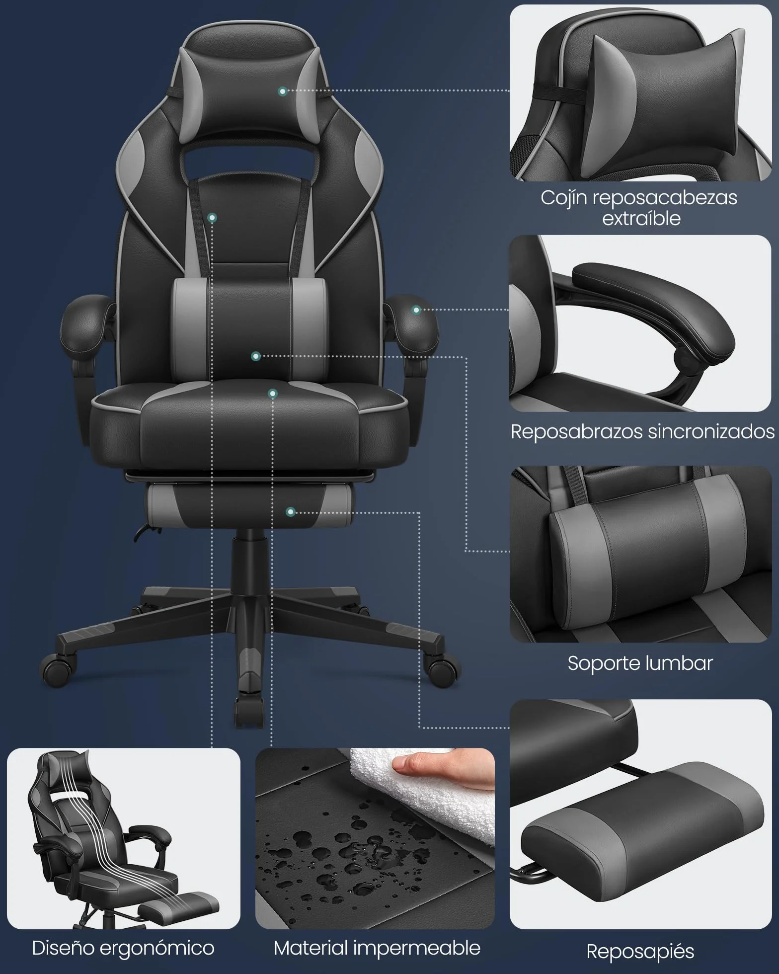 SONGMICS Silla de Oficina, Silla Gaming Ergonómica, con Reposapiés Telescópico, Respaldo Ajustable, Reposacabezas y Soporte Lumbar, Carga de 150 kg, Negro Tinta y Gris Paloma OBG073B03